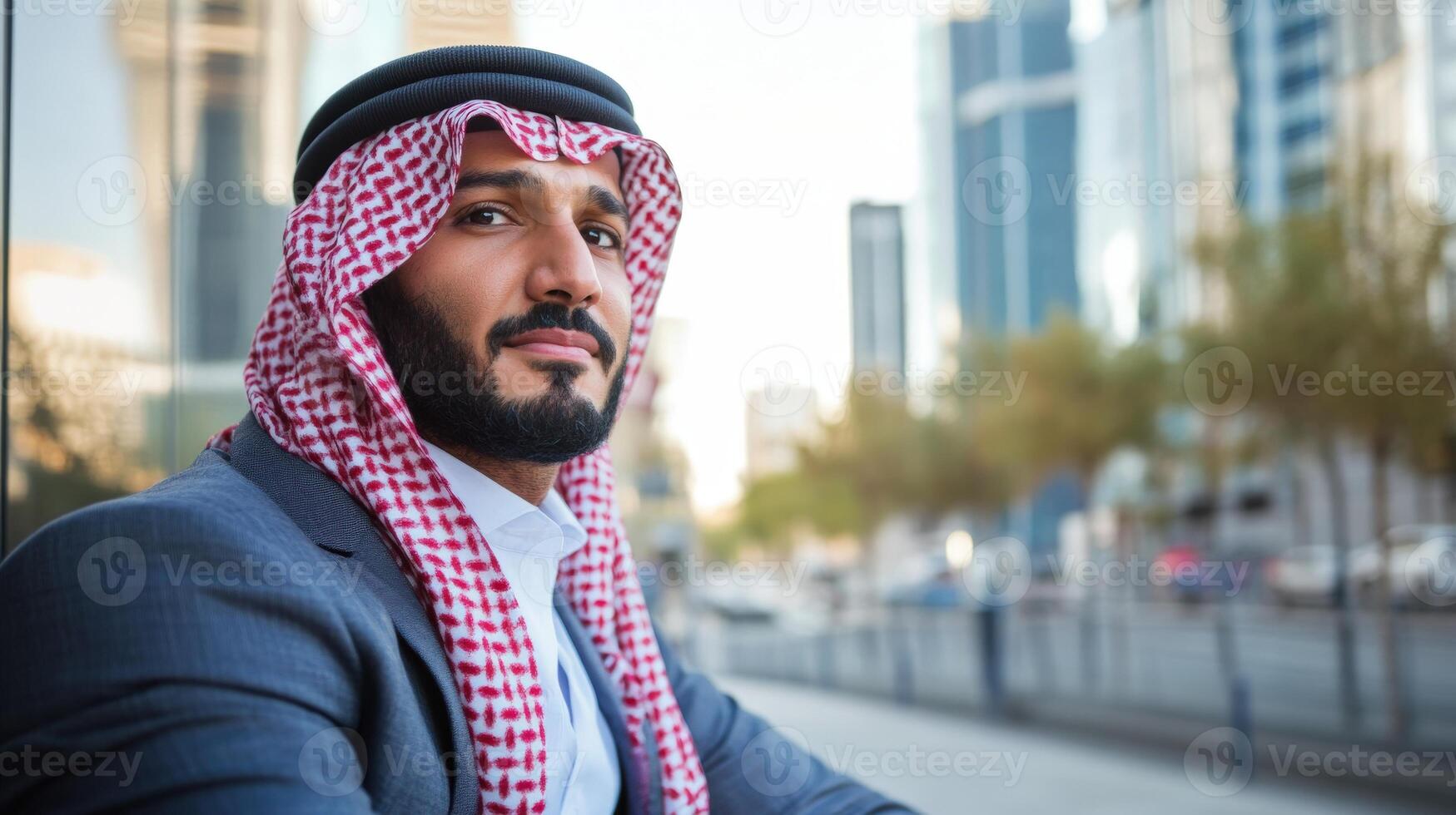 Well dressed man in traditional attire poses in city photo