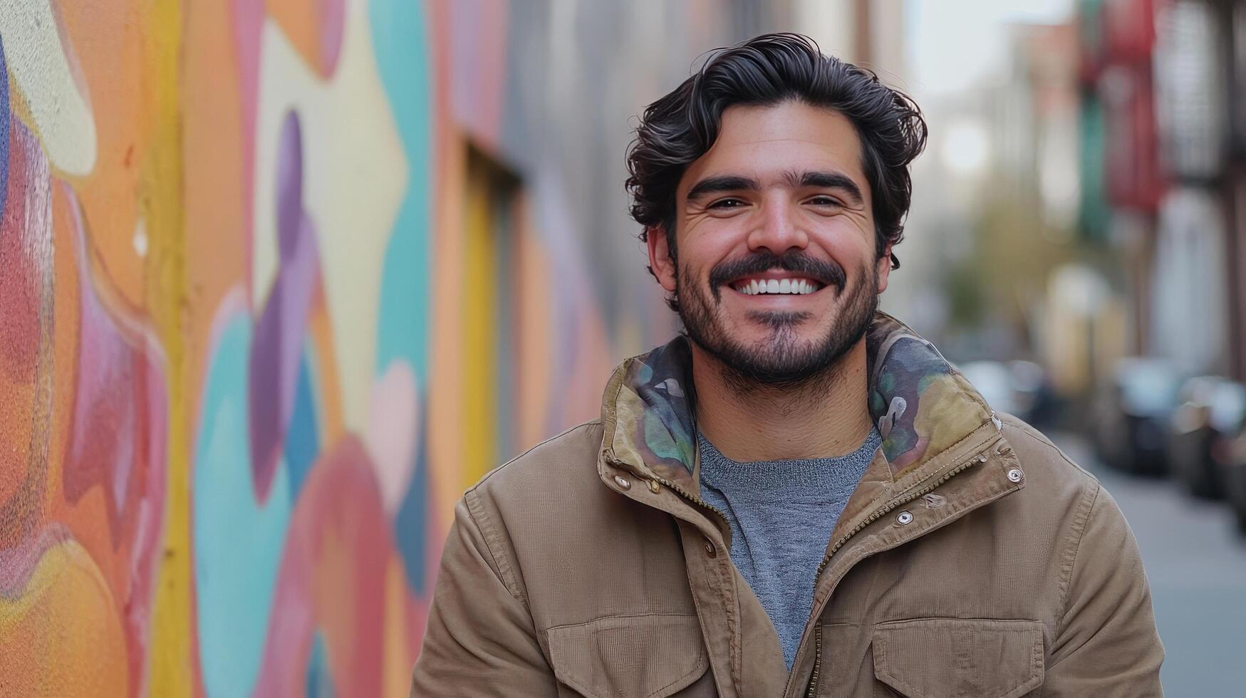 Happy Man Smiles Against Colorful Urban Wall t photo
