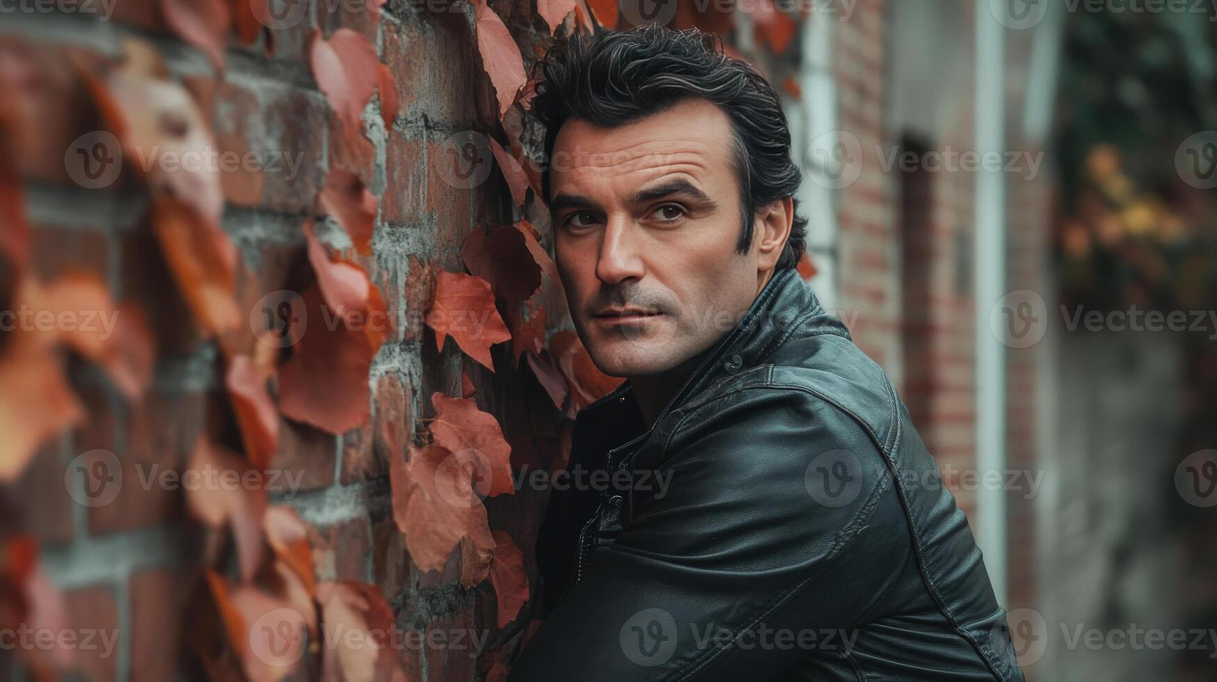 Man in Leather Jacket Leaning Against Brick Wall with Autumn Leaves photo