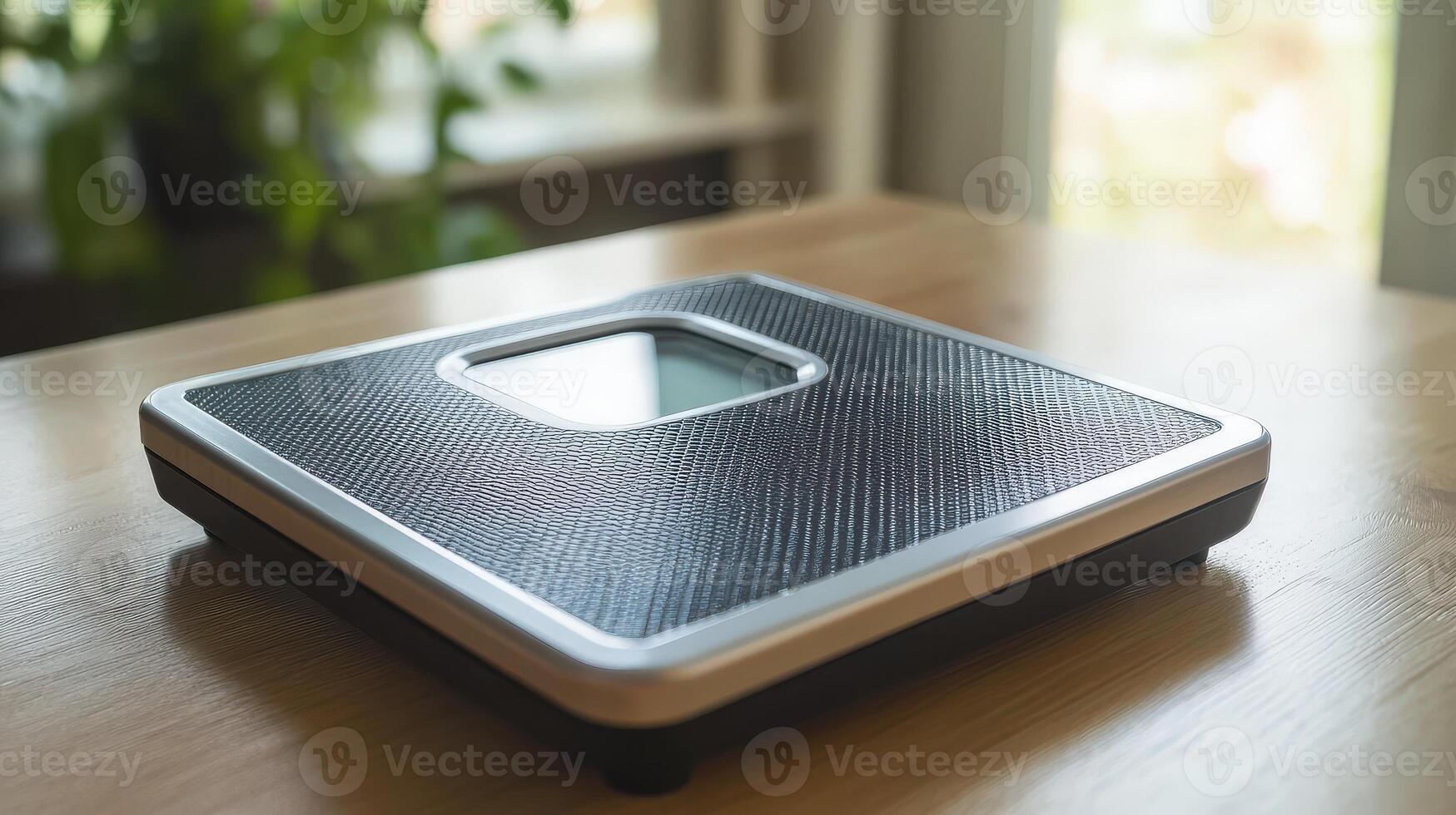 Modern digital scale on a light-colored wooden table. photo