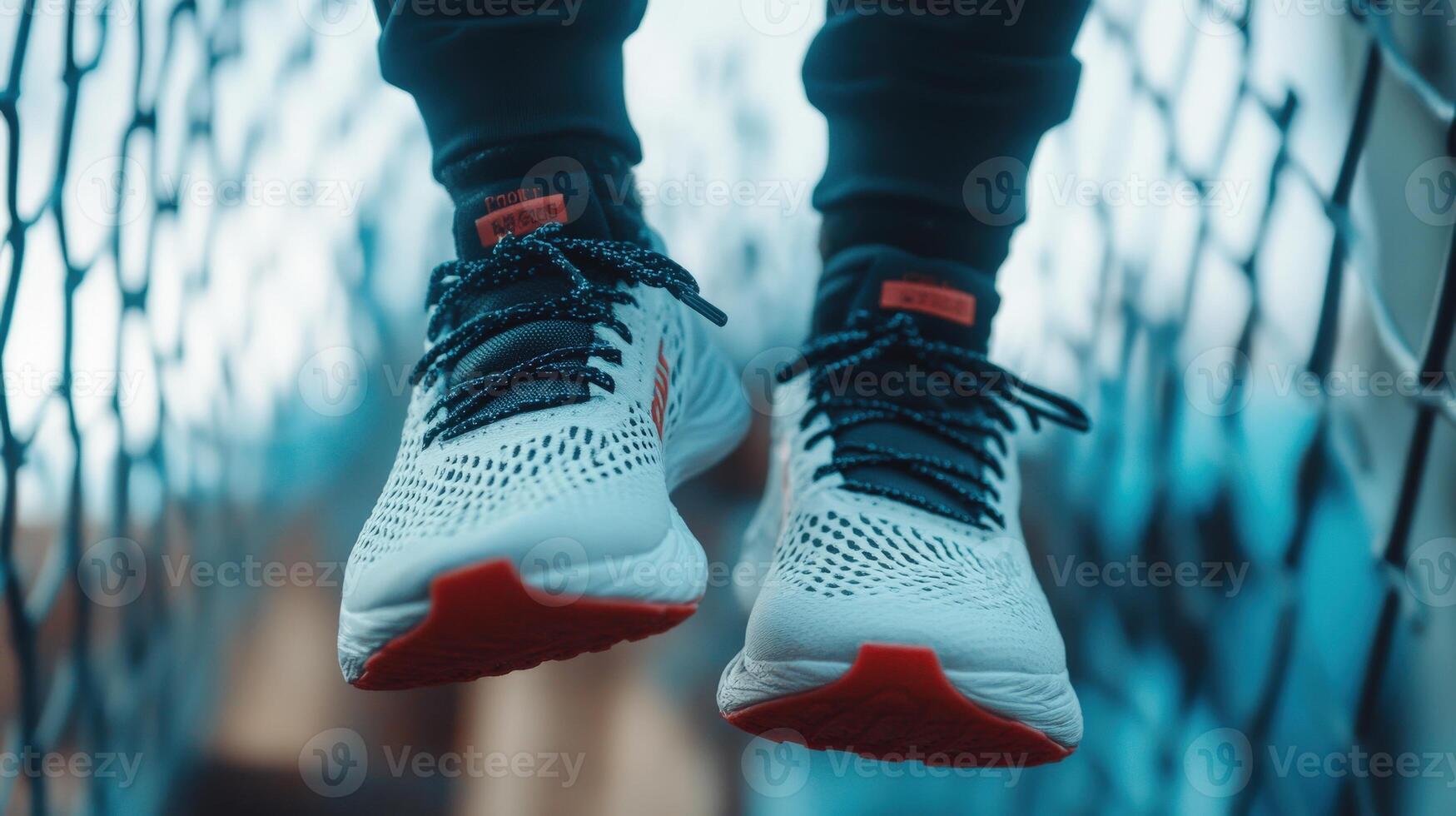 Close-up view of running shoes suspended in mid-air. photo