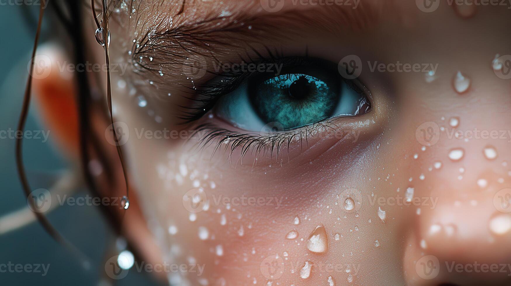 A close up view of a human eye with water droplets photo
