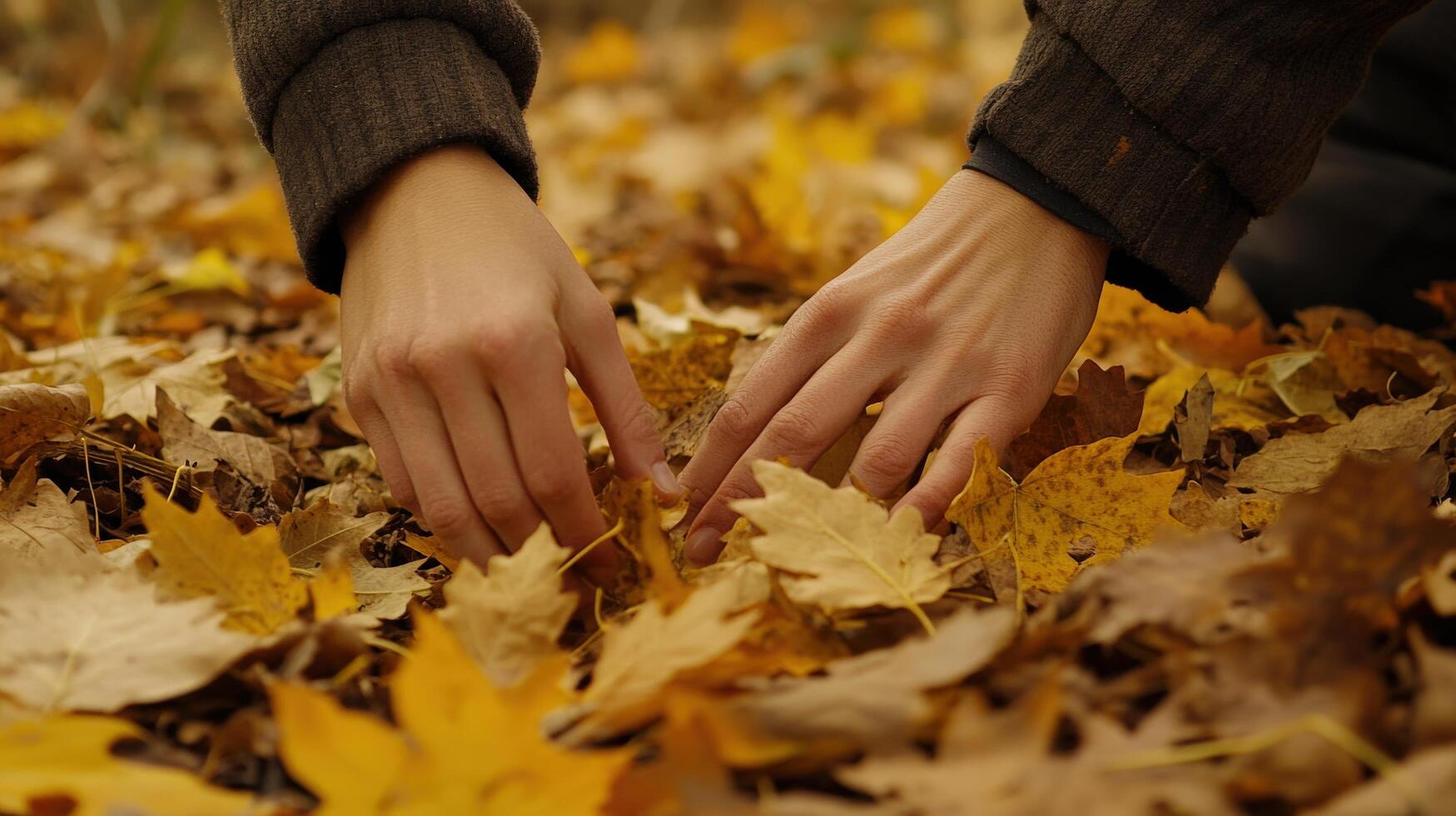 Two hands exploring a bed of autumn leaves. photo