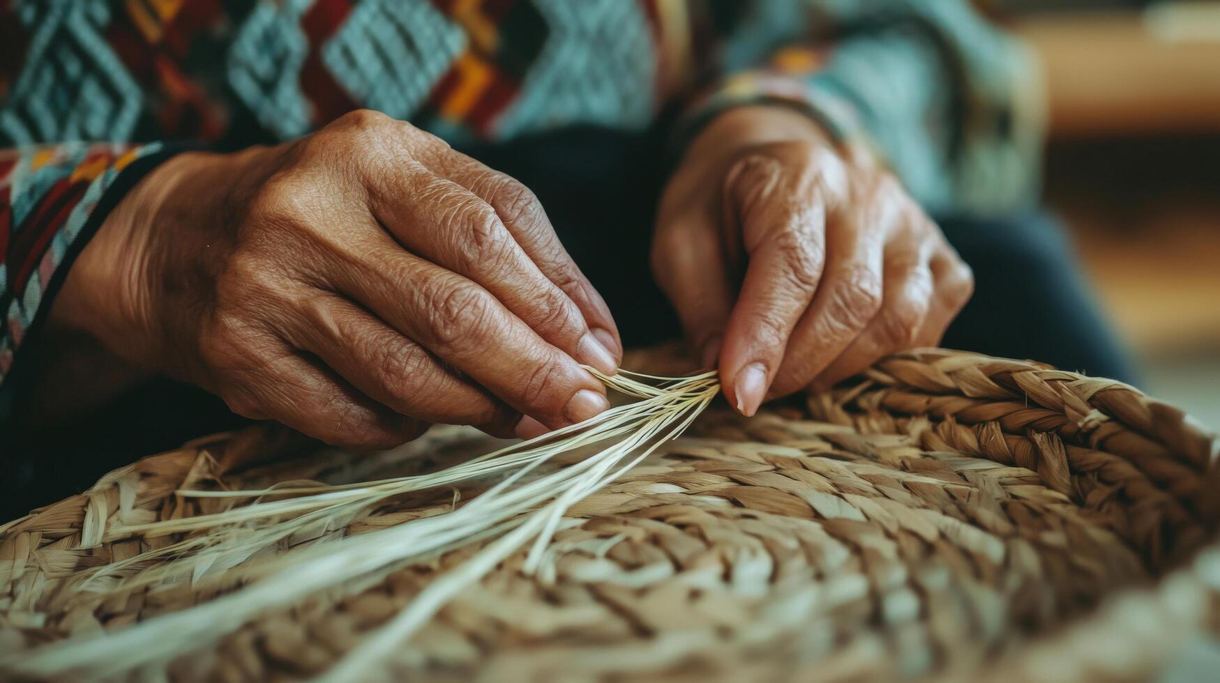 Closeup of hands weaving a straw basket. photo