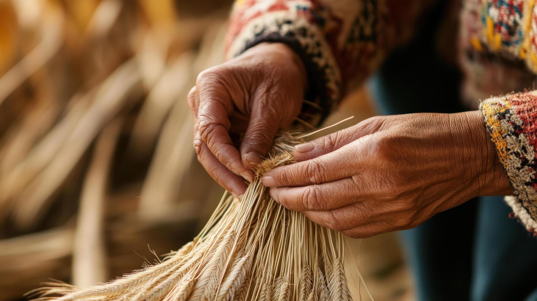 Close-up of hands crafting a woven object from natural fibers. photo