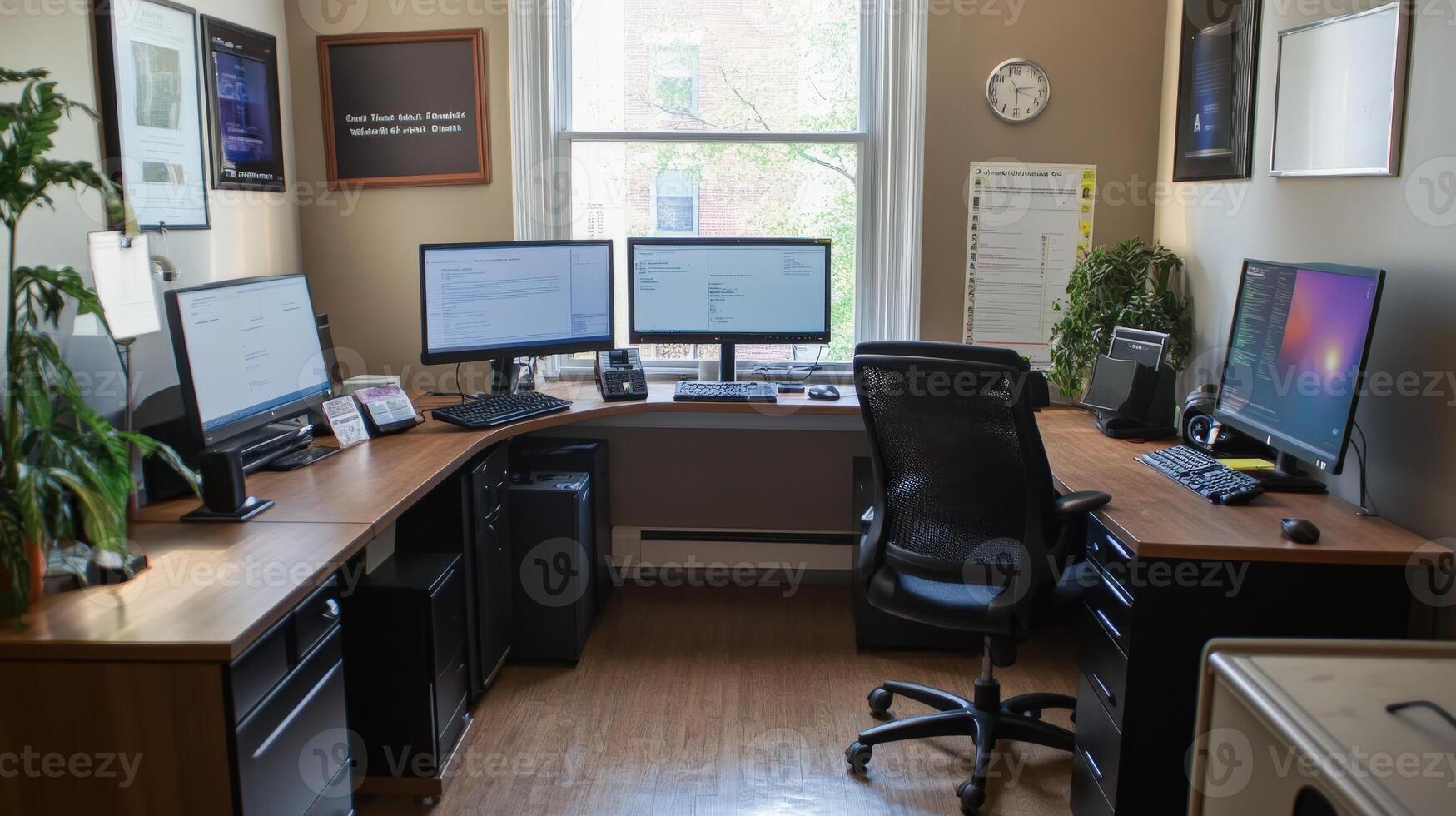 Cozy corner office with multiple computer screens. photo
