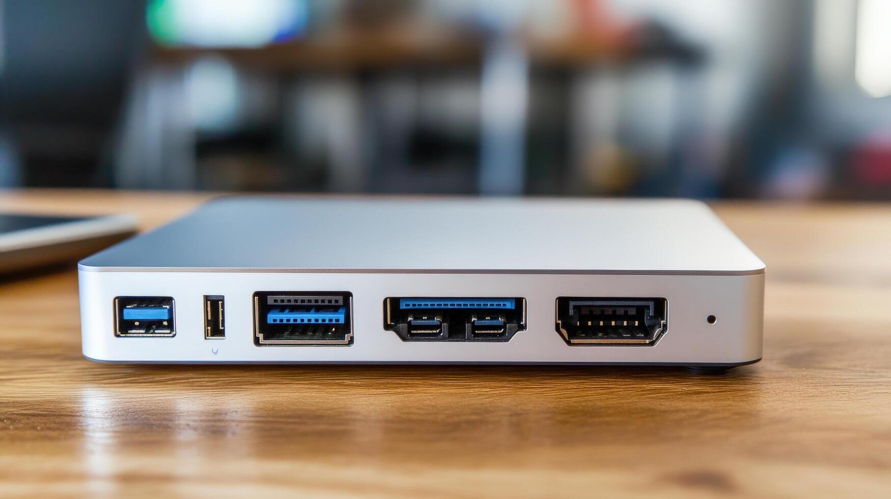 Close-up of a modern computer device's back panel. photo