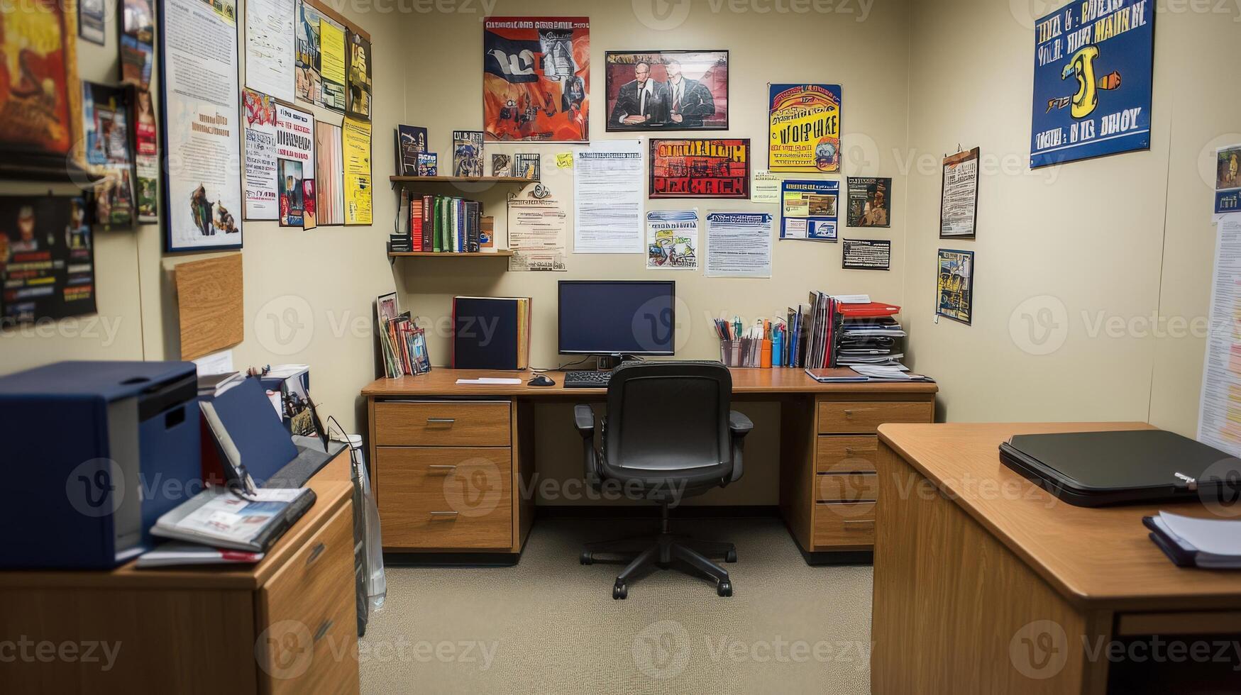 Cozy home office space filled with posters and books. photo