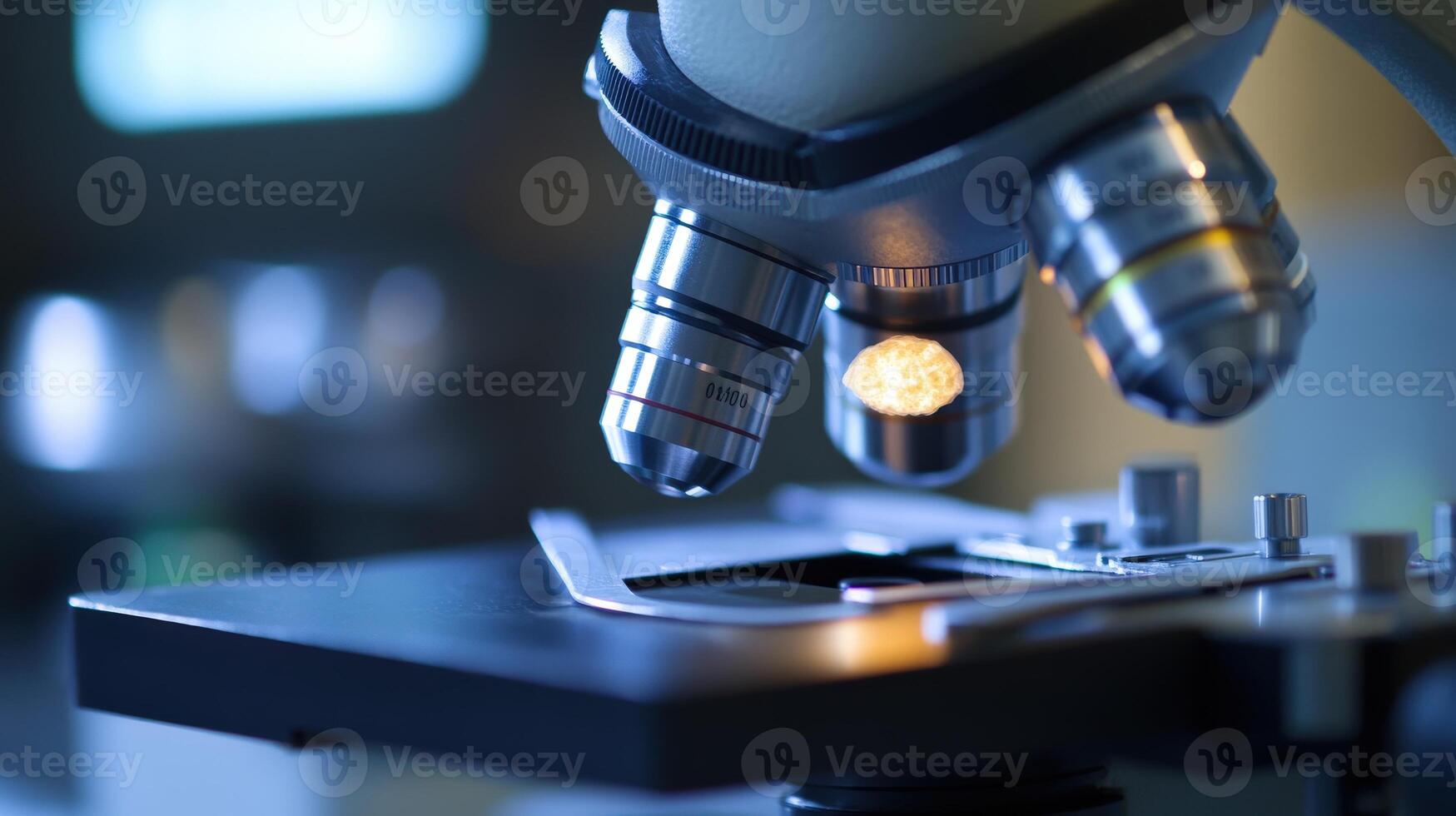 Close-up view of a scientific microscope in use. photo