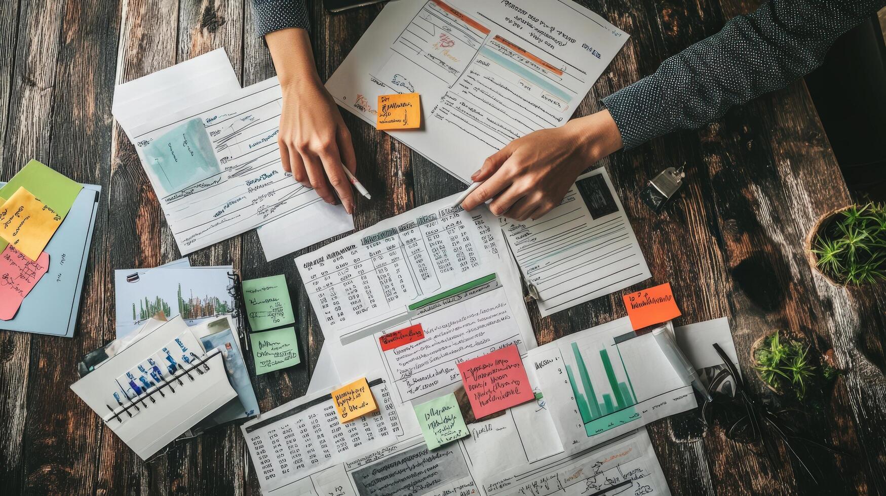 Busy workspace displaying documents and notes. photo