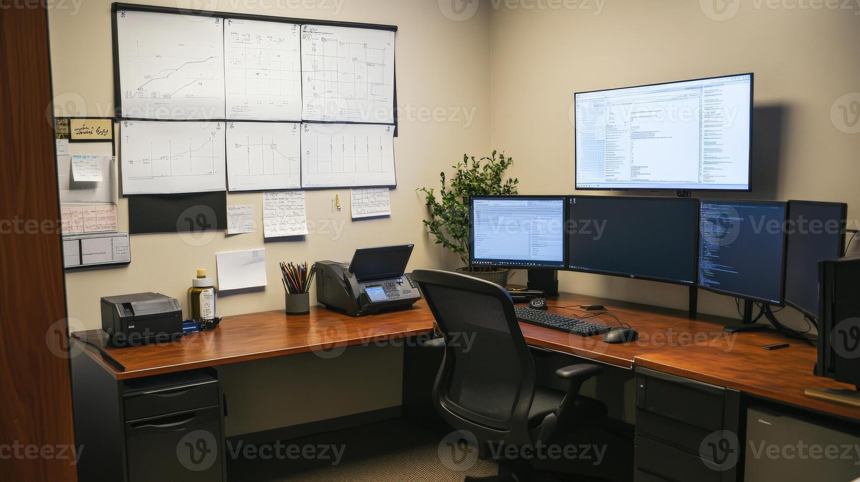 Modern office workspace corner with multiple displays. photo