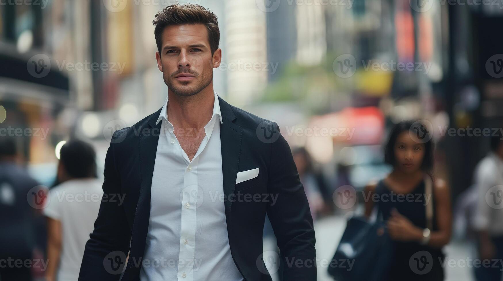 Man in Suit Walking City Street Stylishly Dressed z photo