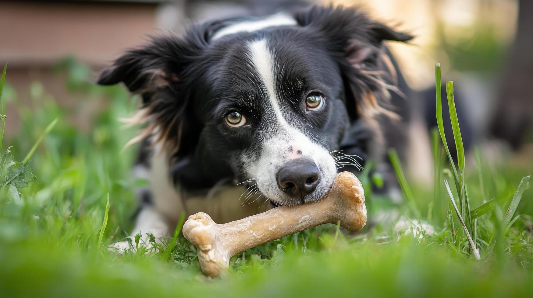 Close-up of a border collie chewing a bone in grass. photo