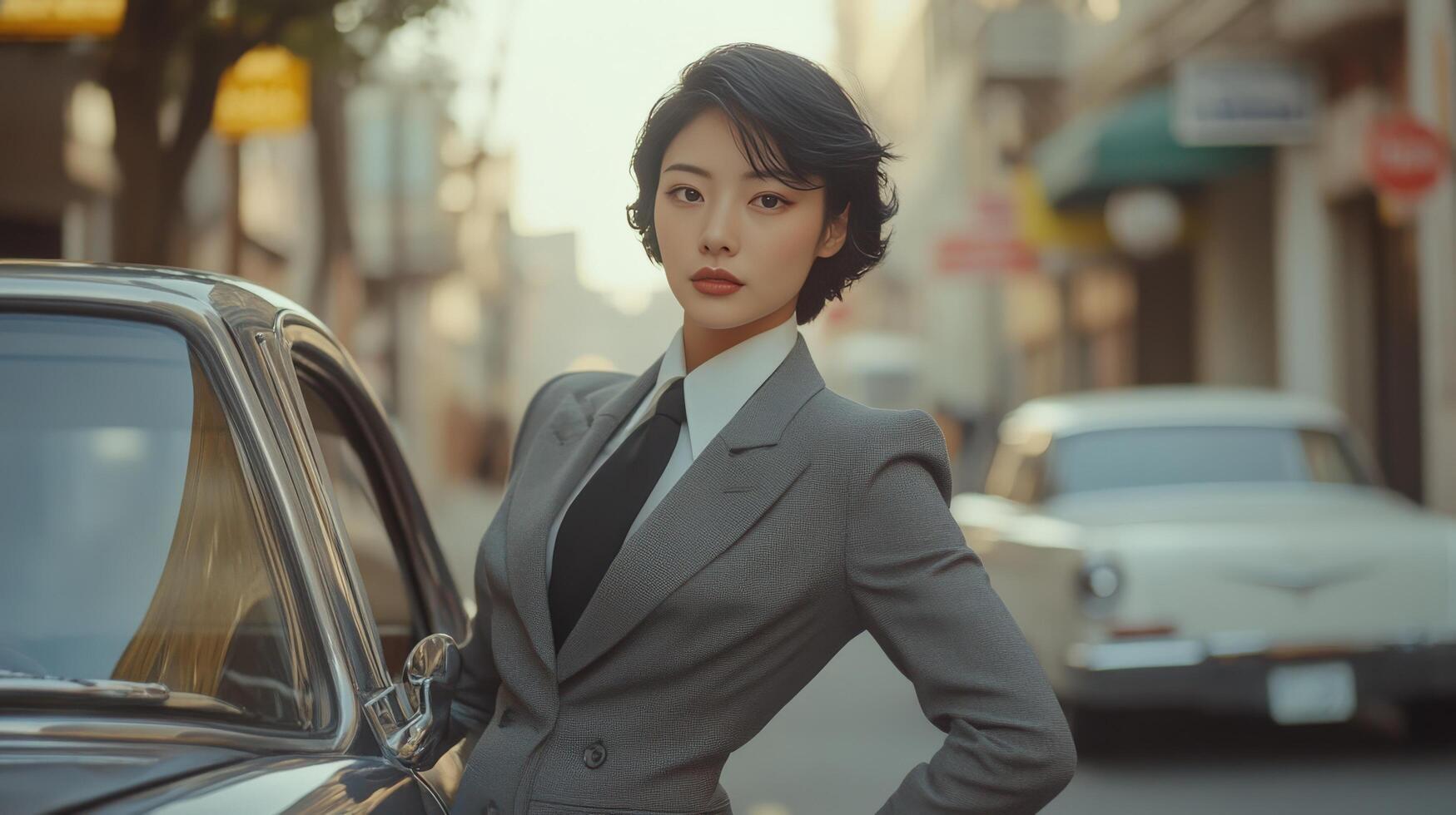 Stylish Woman in Grey Suit Leaning on Classic Car photo