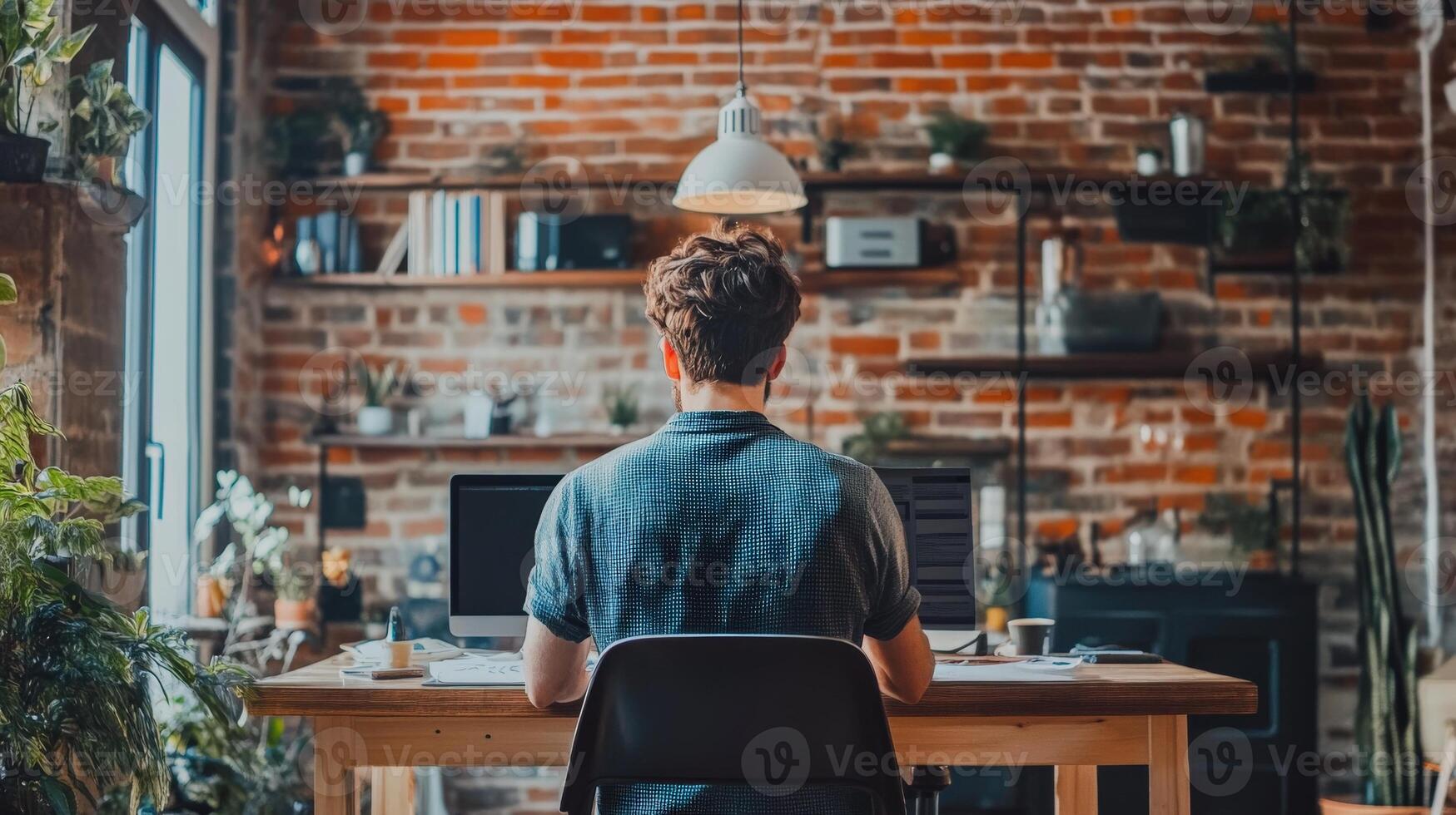 Person seated at a wooden desk in a brick-walled room. photo