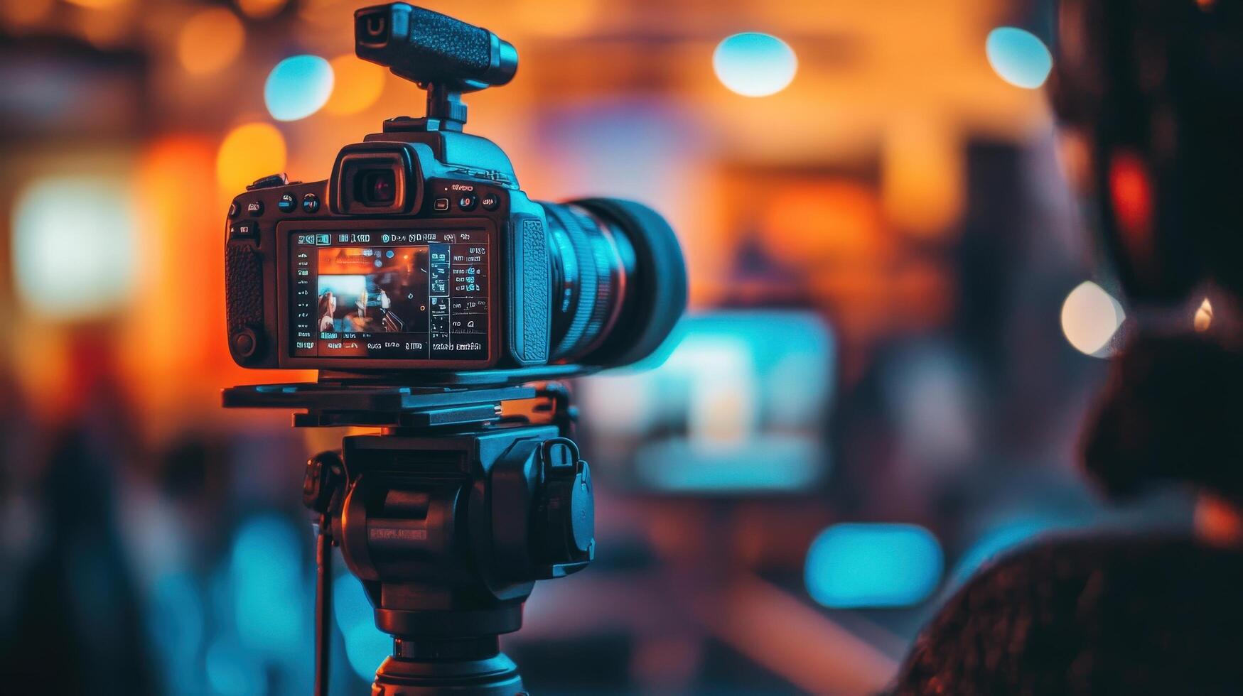 Close-up of a camera recording an event. photo