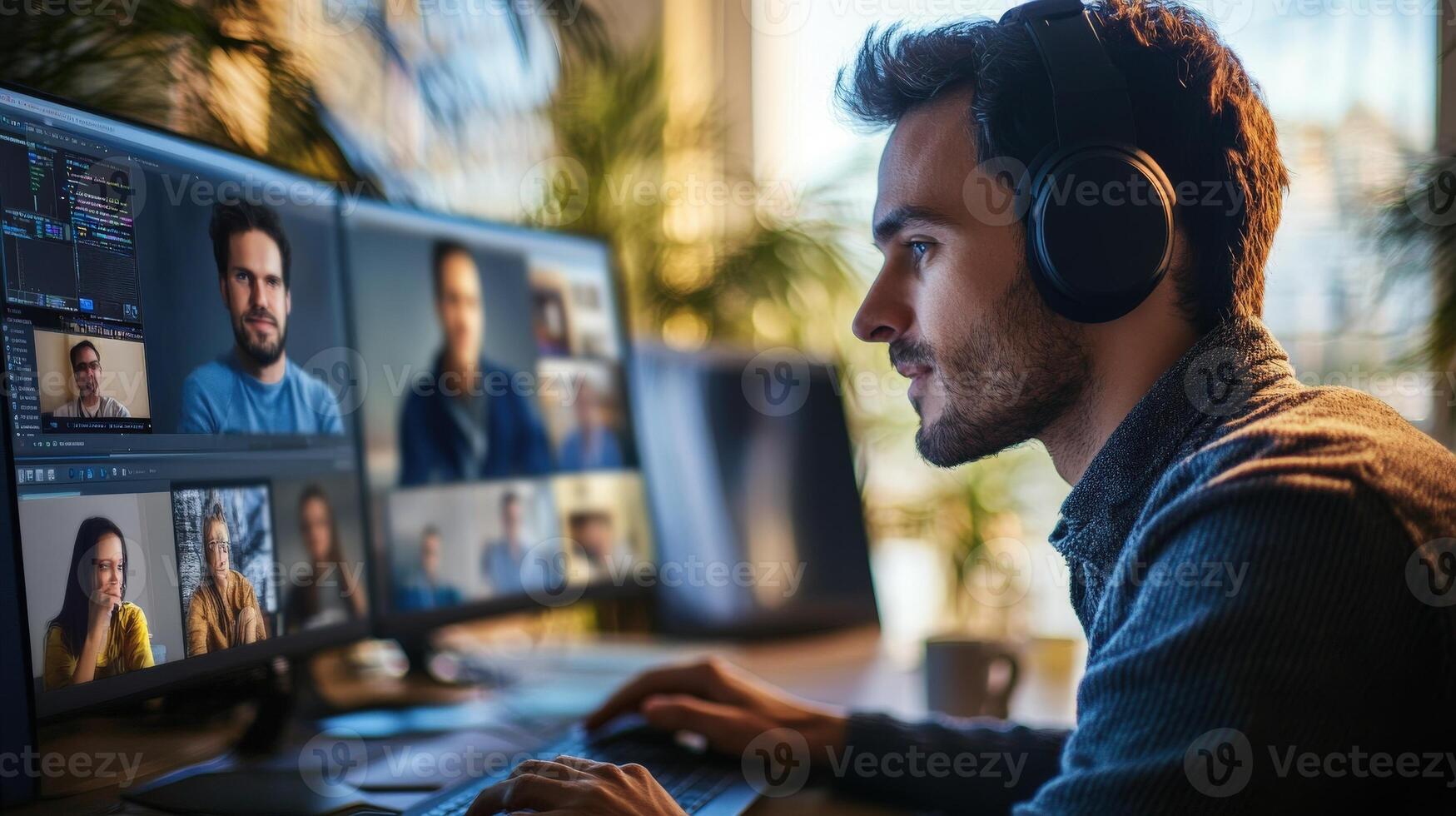 Focused individual working from home on multiple calls. photo