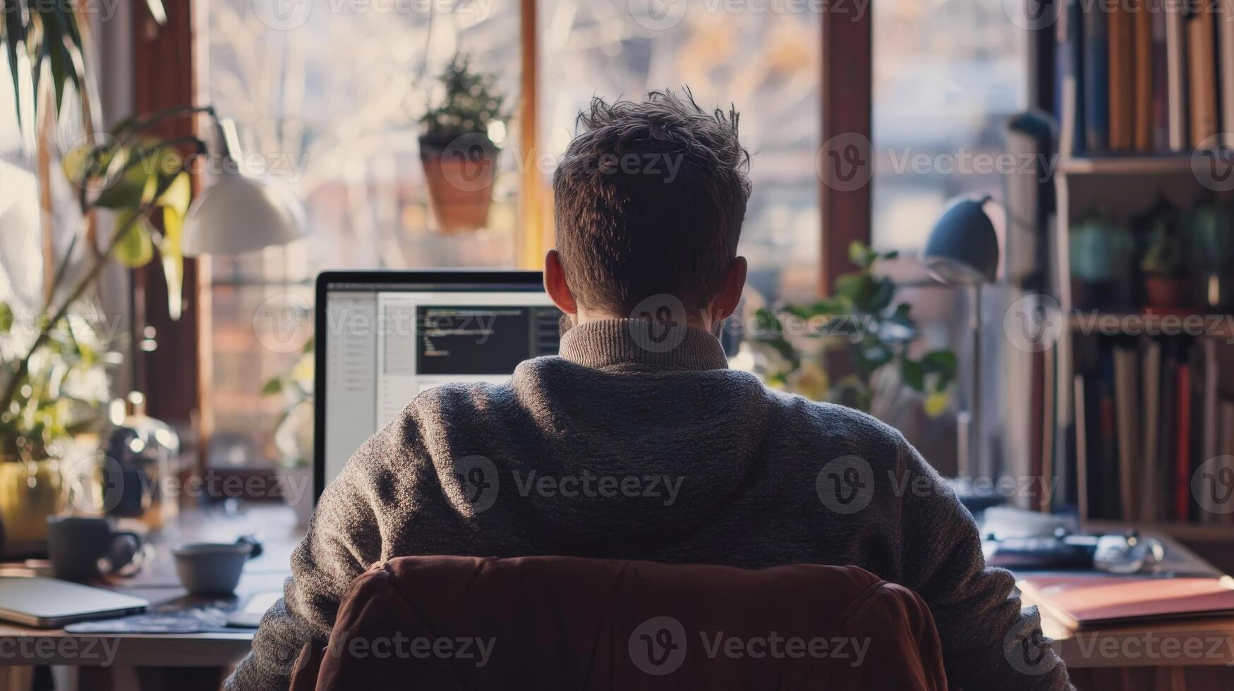 A person seated at a desk, focused on a computer screen, in a room with plants and books. photo