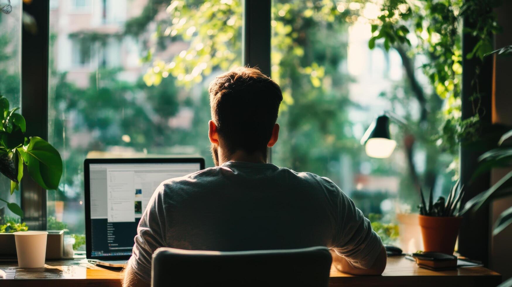 Sunlight streams into a home office, illuminating a man seated at a desk. photo