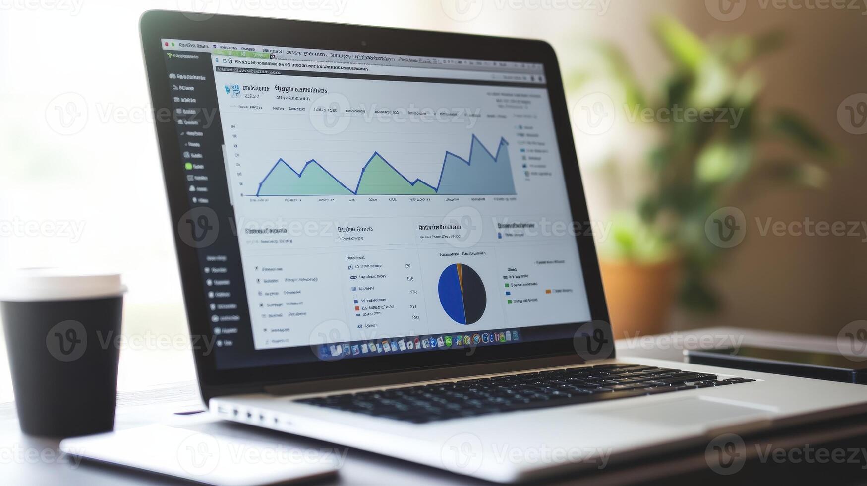 Modern laptop displaying financial data charts and graphs. photo