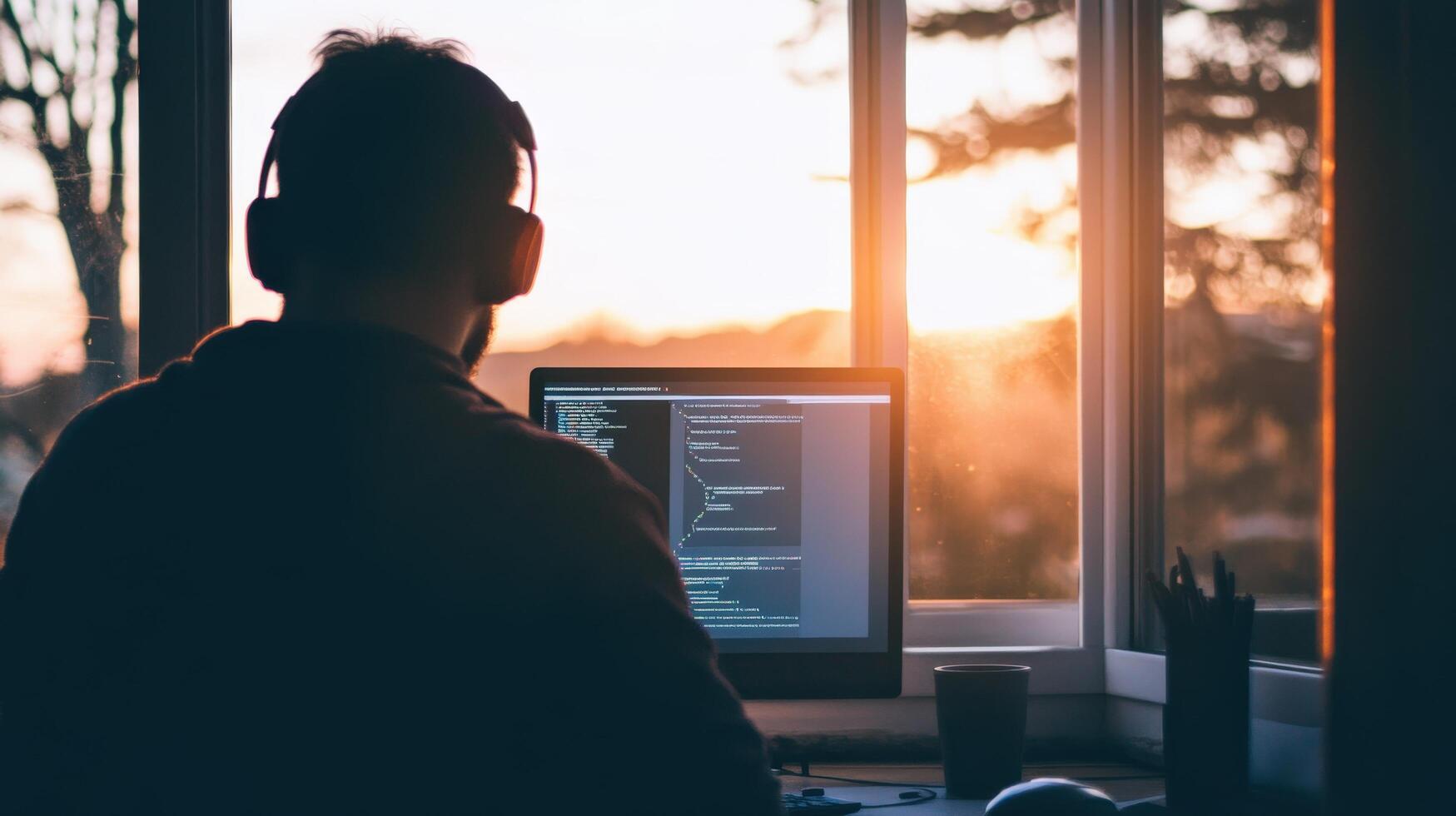 Sunset view from a window behind a person working on a computer. photo