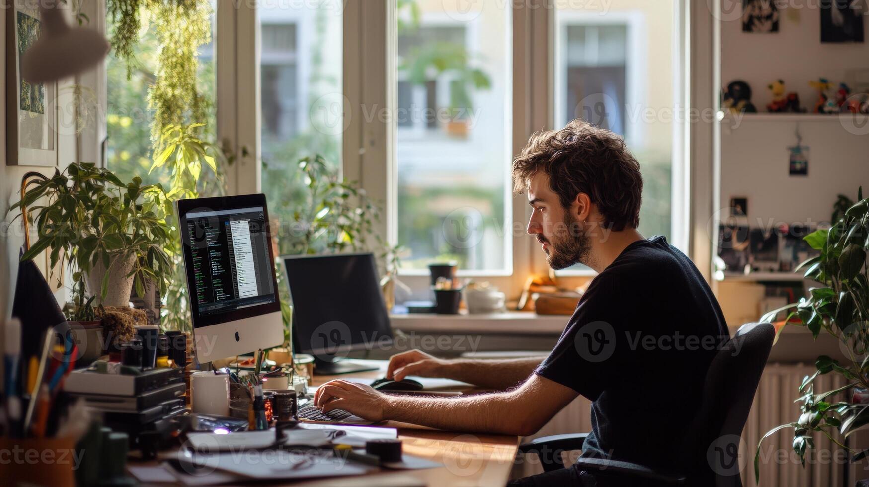 Home office workspace view of a person working. photo