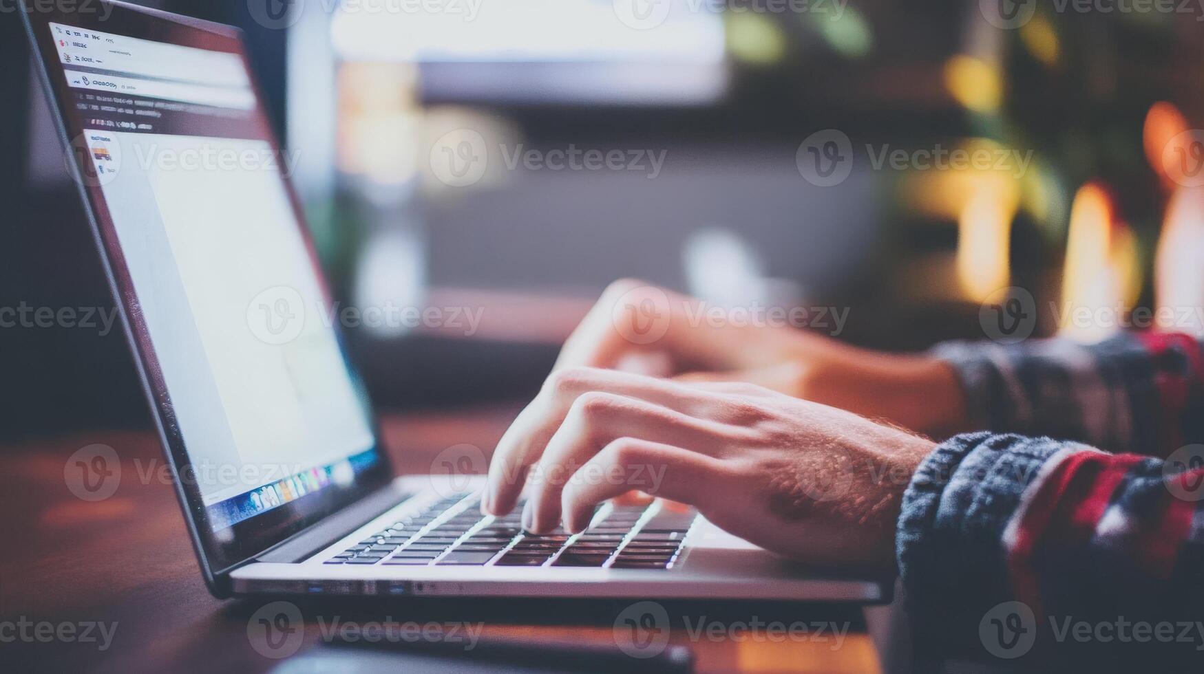 Close-up view of hands typing on a laptop keyboard o photo