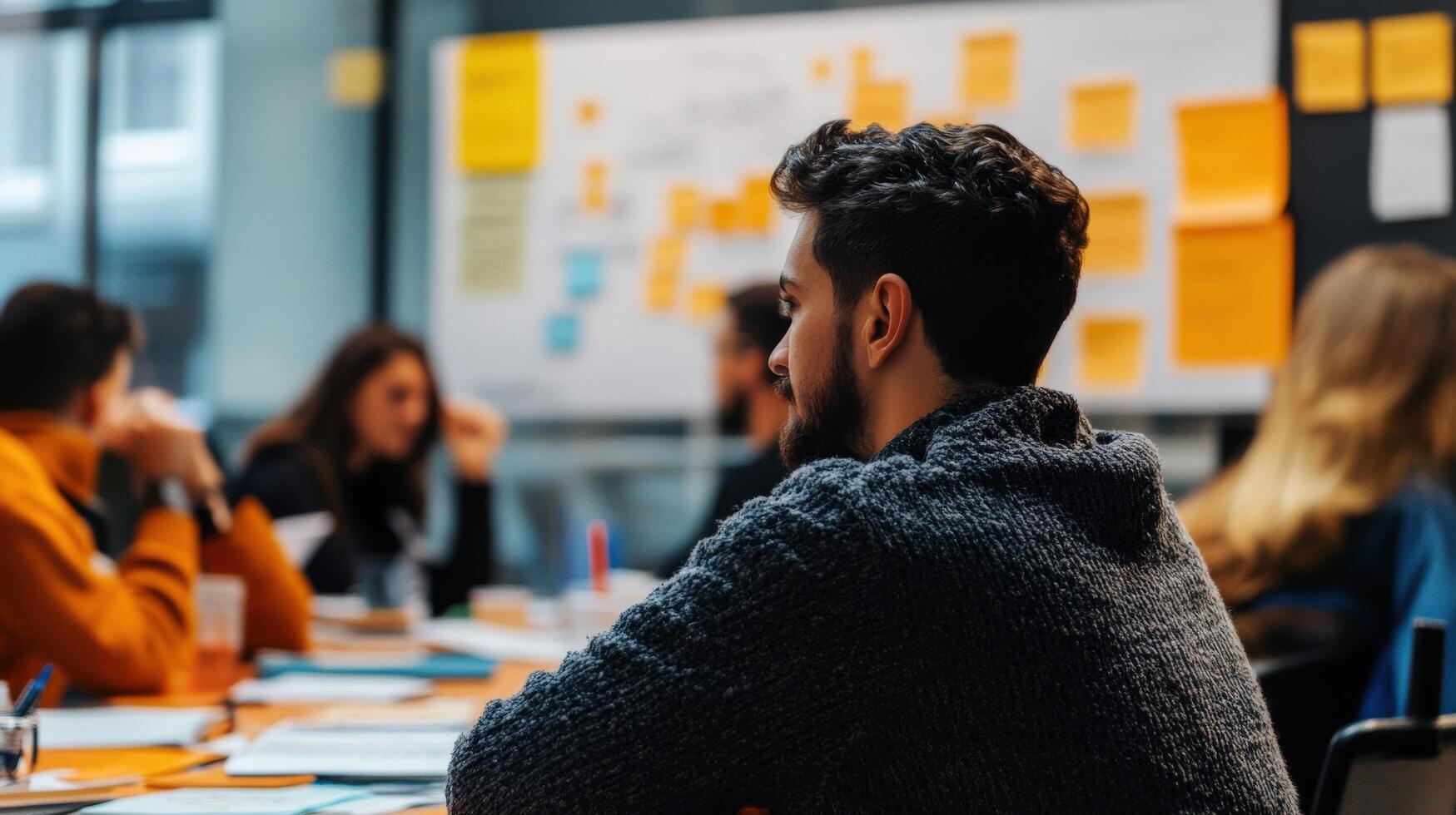 Group of people engaged in a collaborative meeting. photo
