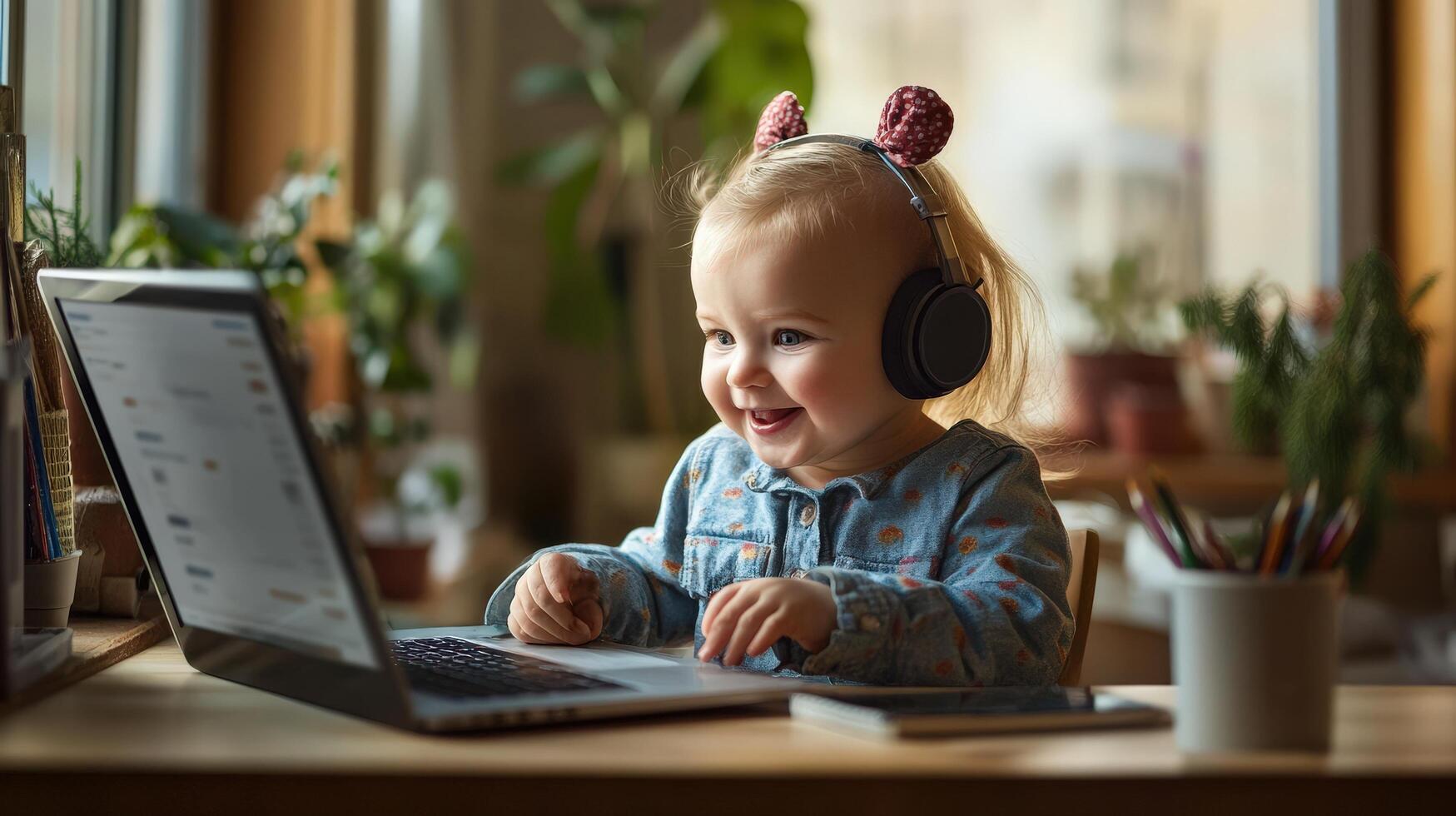 Smiling toddler engrossed in laptop activity. photo