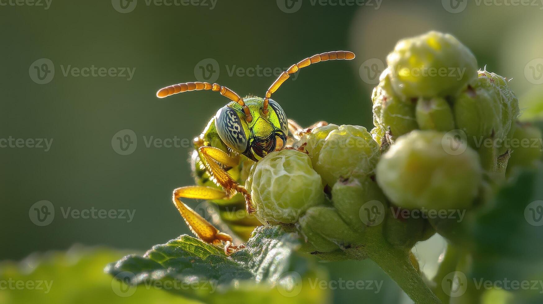 Close-up view of a vibrant green and yellow insect on a plant. photo