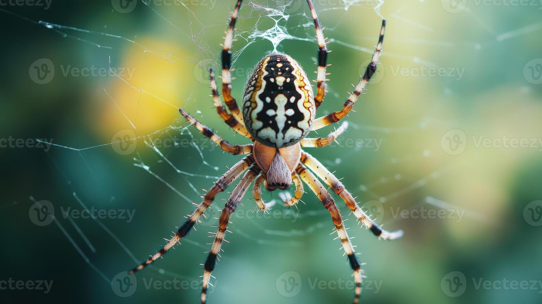 Ornate spider centered in intricate web. photo