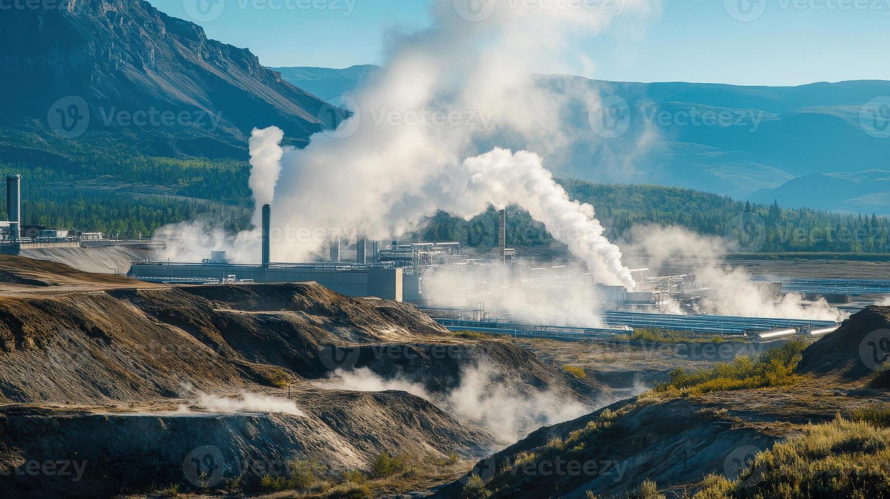 Industrial landscape with steam plumes and smoke stacks. photo