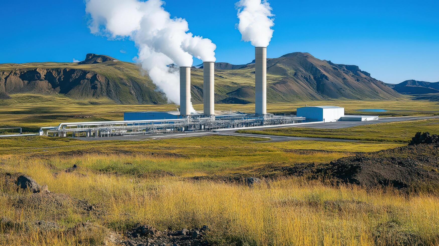 Geothermal power plant amidst a scenic landscape. photo