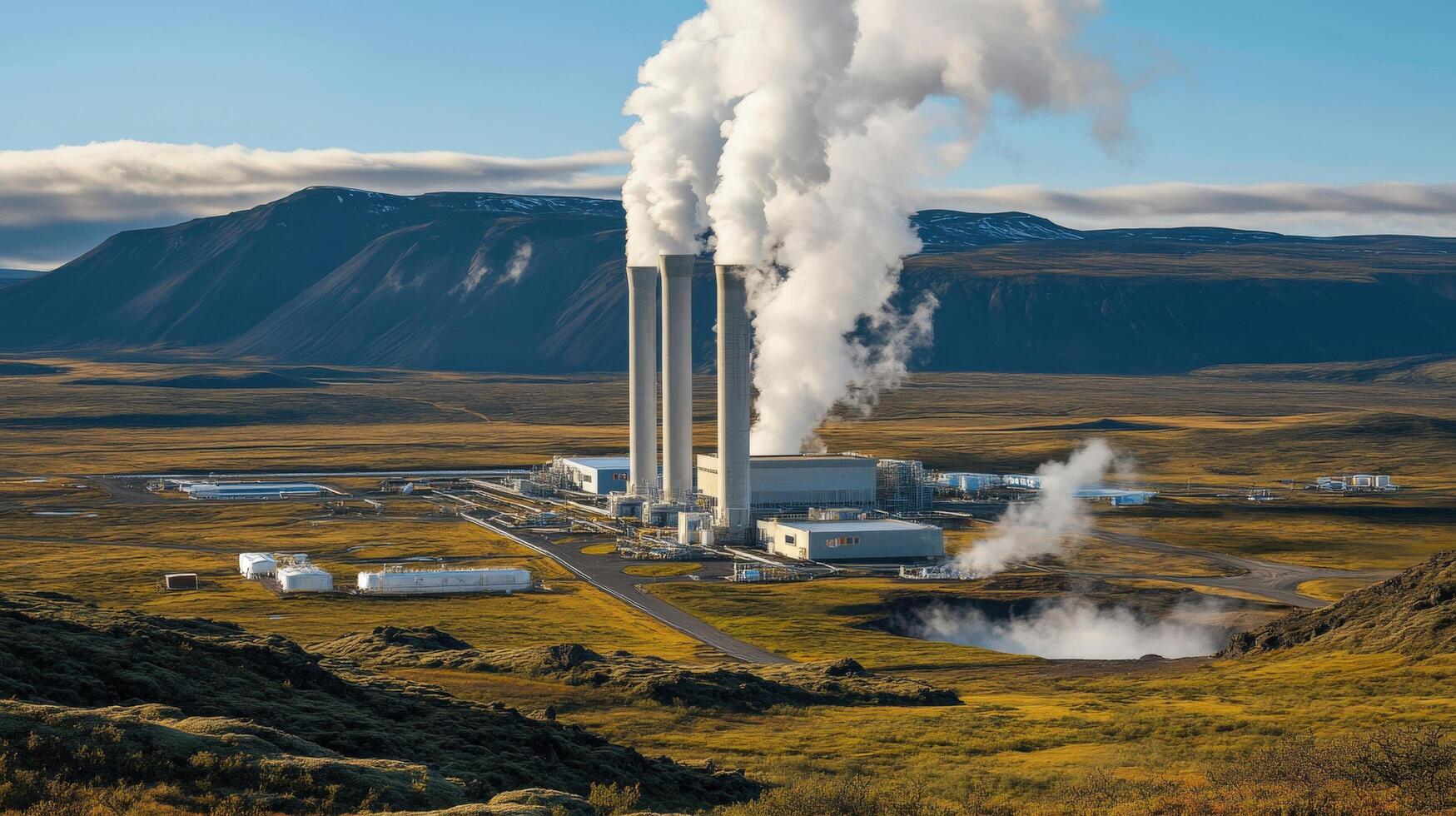 Geothermal power plant emitting steam on a landscape. photo
