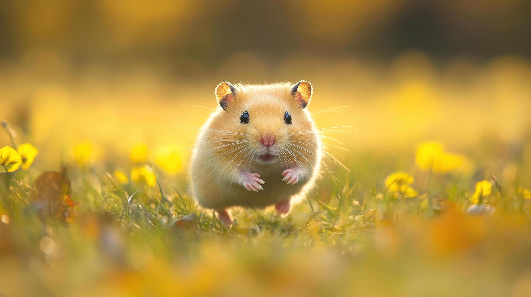 Golden hamster leaps amidst bright yellow flowers. photo