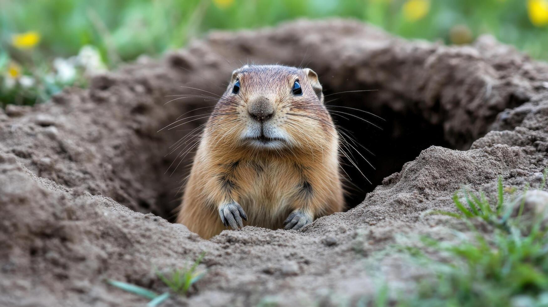Close-up of a groundhog peeking from its burrow. photo