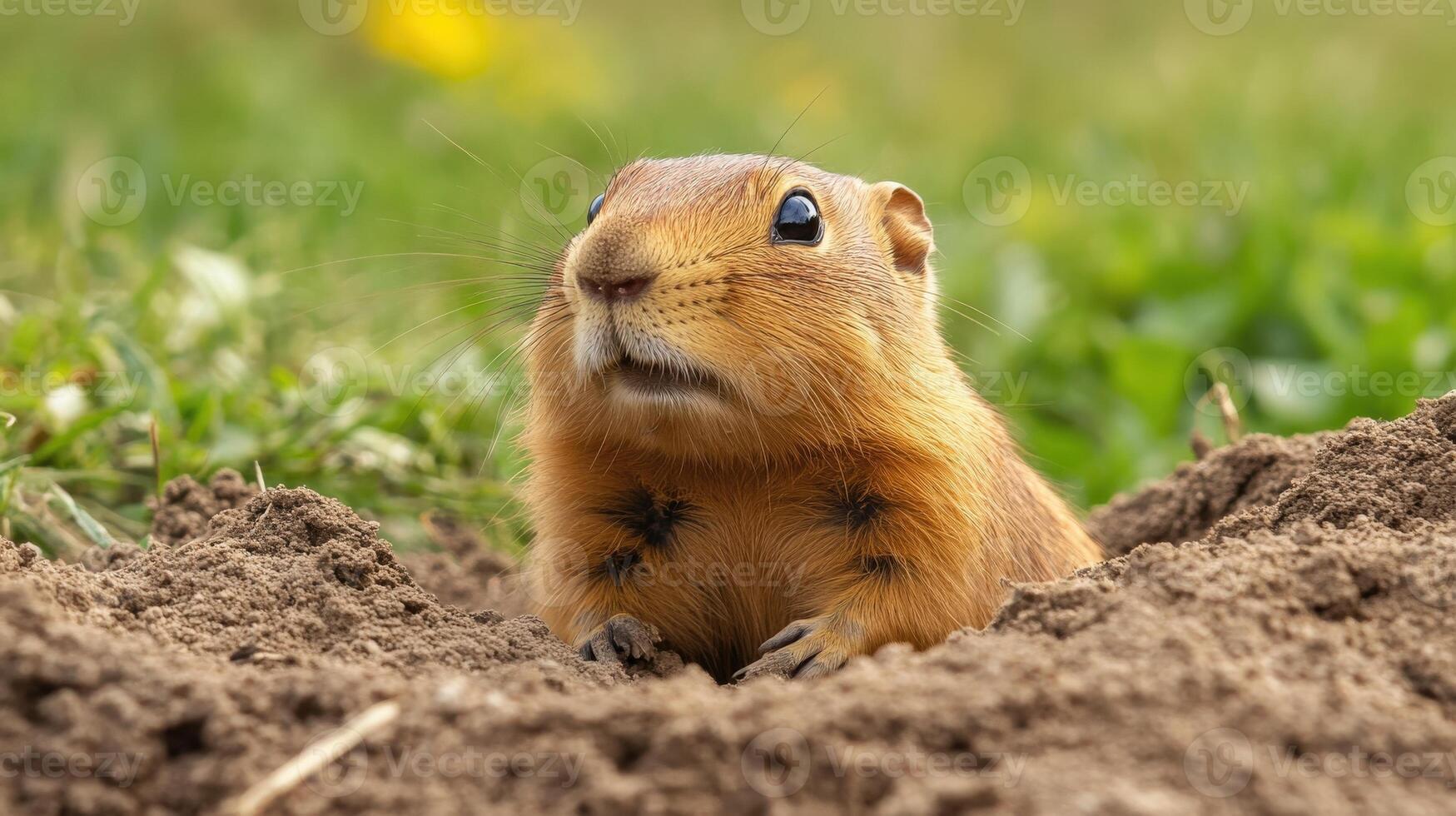 Close-up view of a groundhog emerging from a burrow. photo