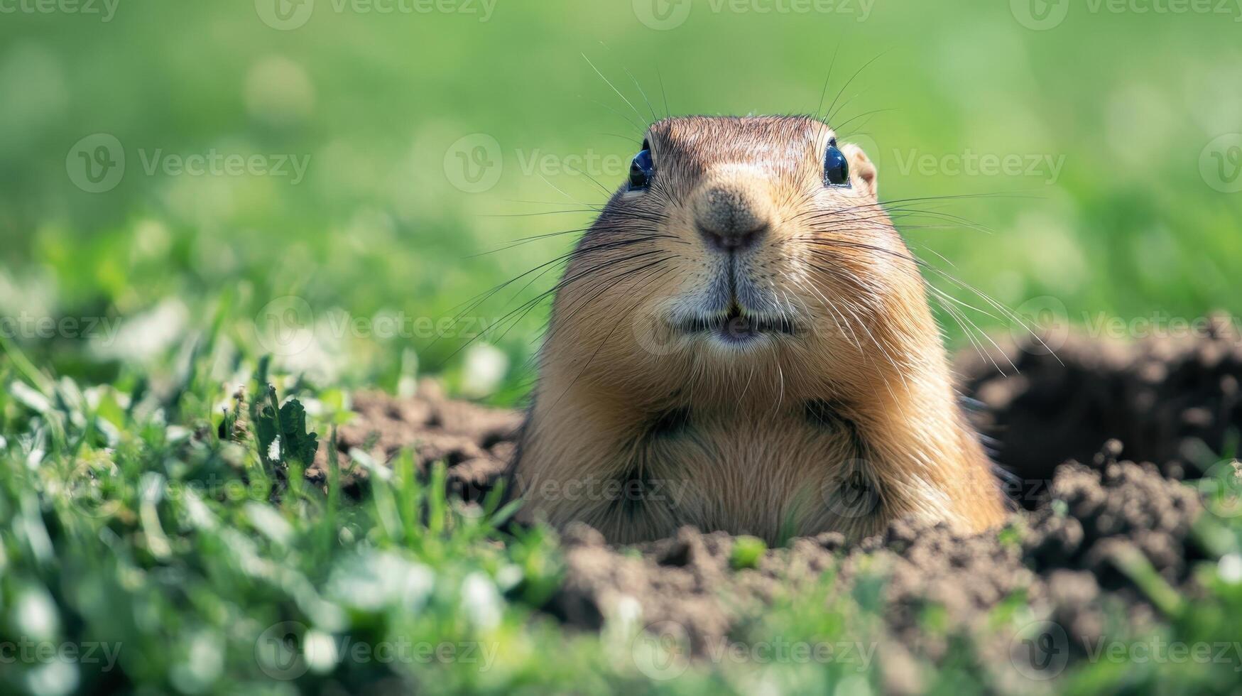 Close-up view of a prairie dog emerging from its burrow. photo