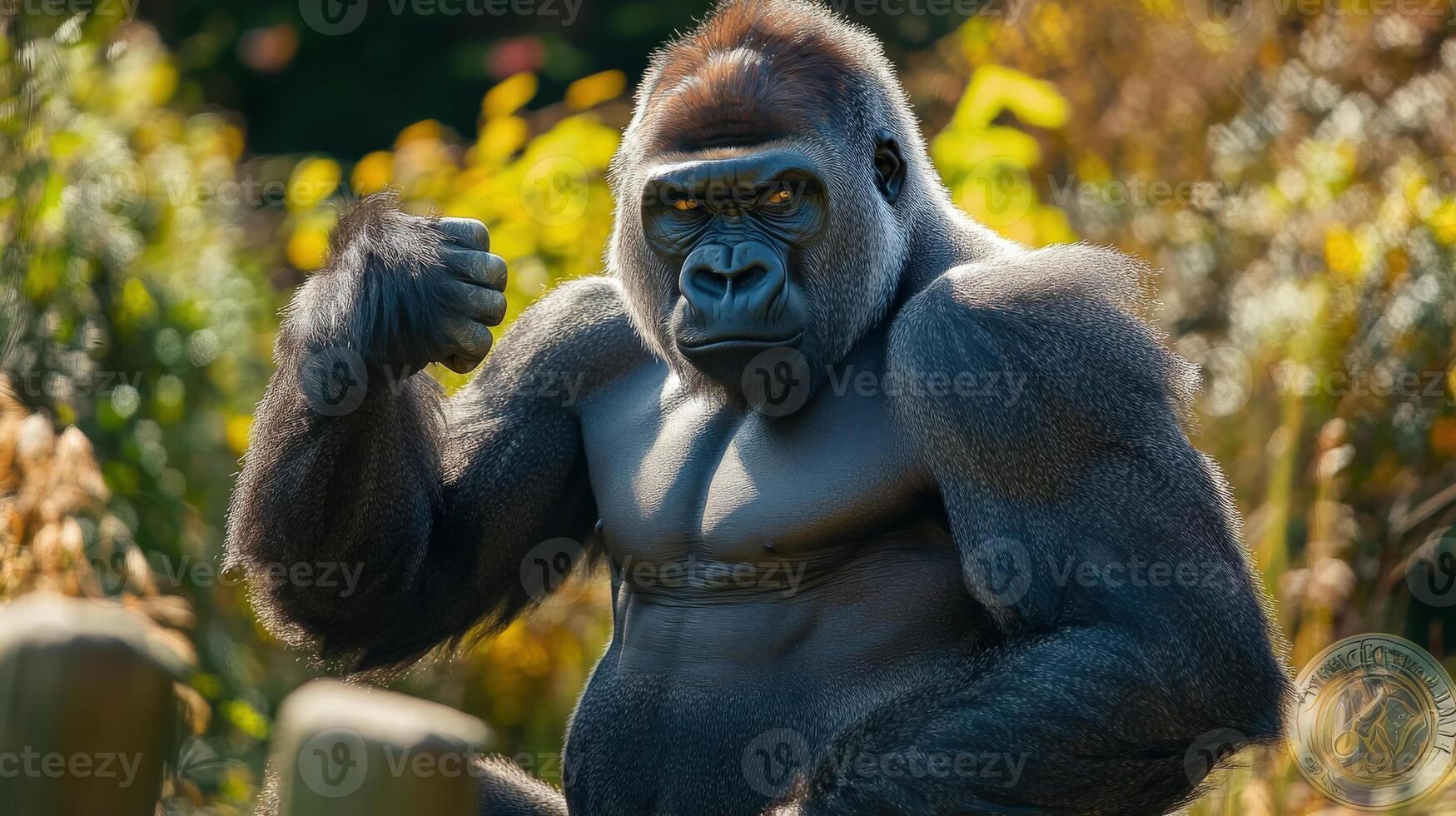 Powerful gorilla showcasing muscular physique in outdoor setting. photo