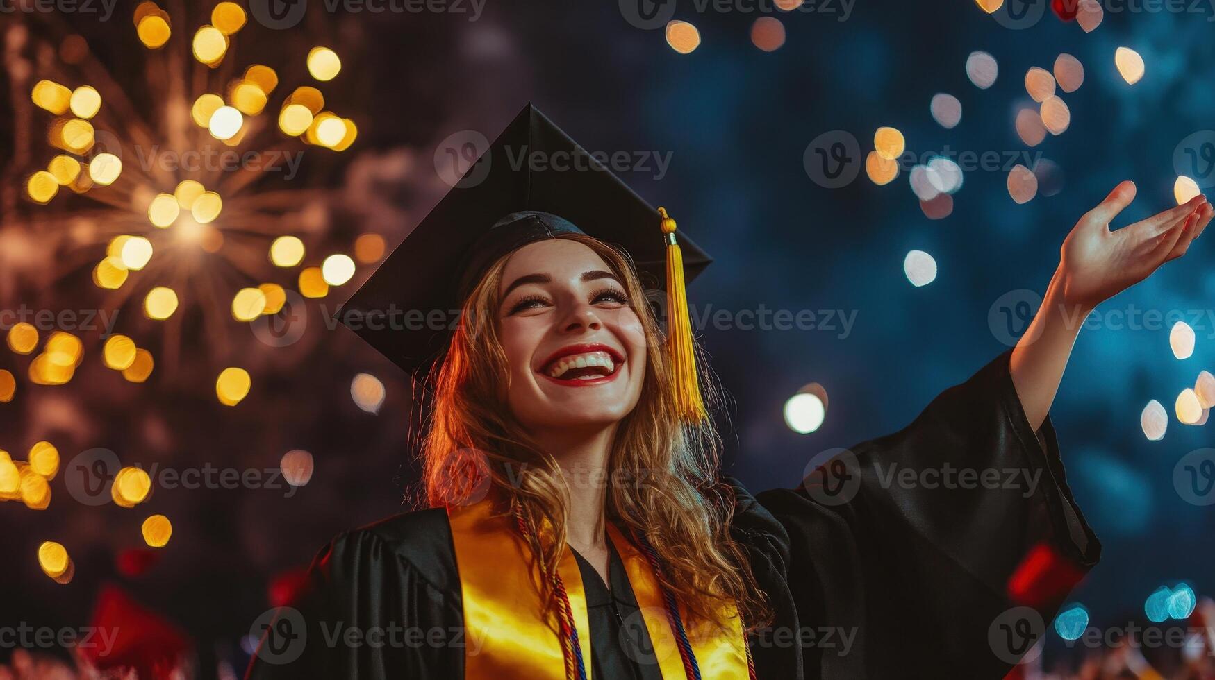 A joyful graduate celebrates with fireworks and confetti. photo