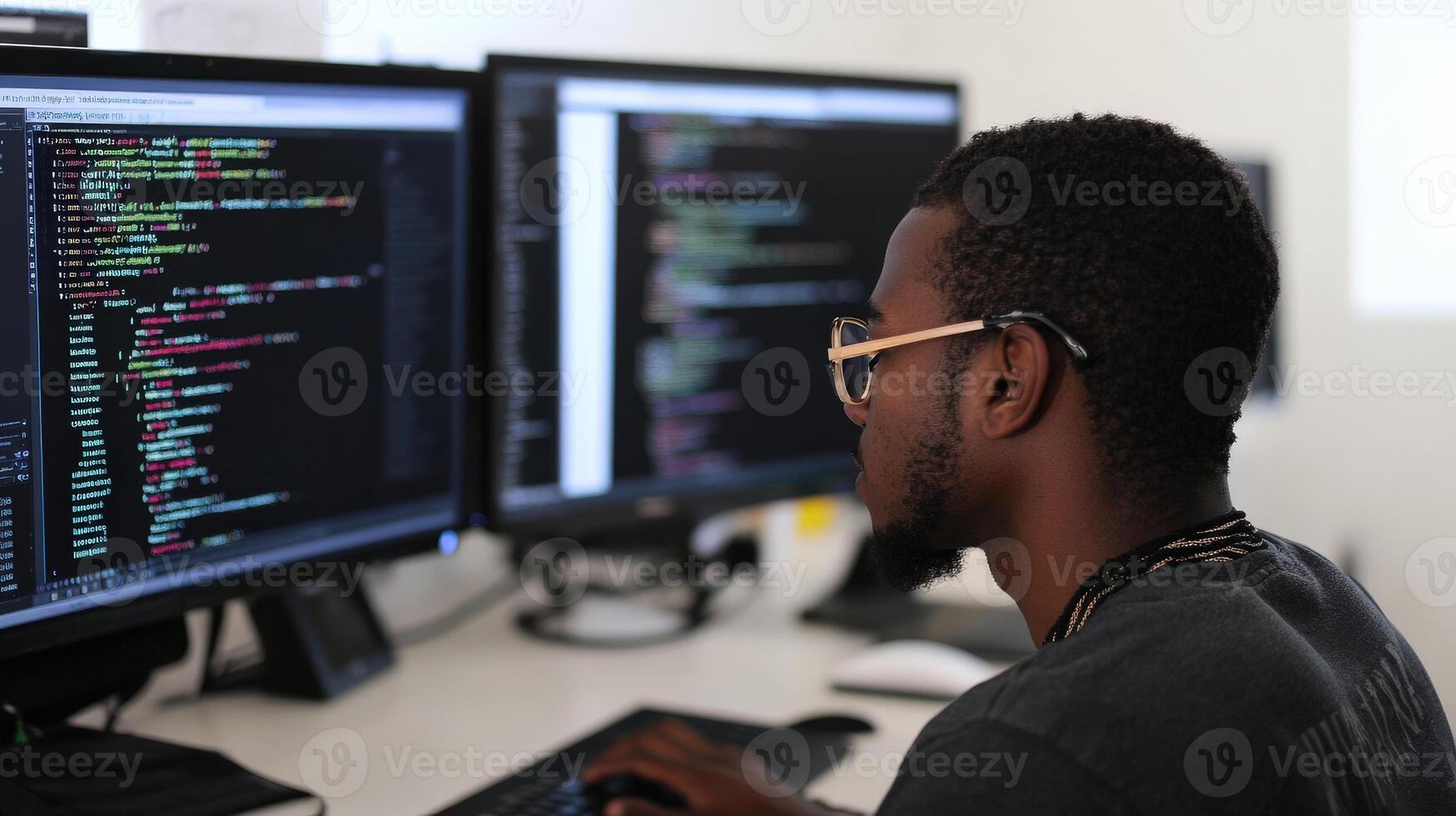 Person focused on coding on multiple computer screens. photo