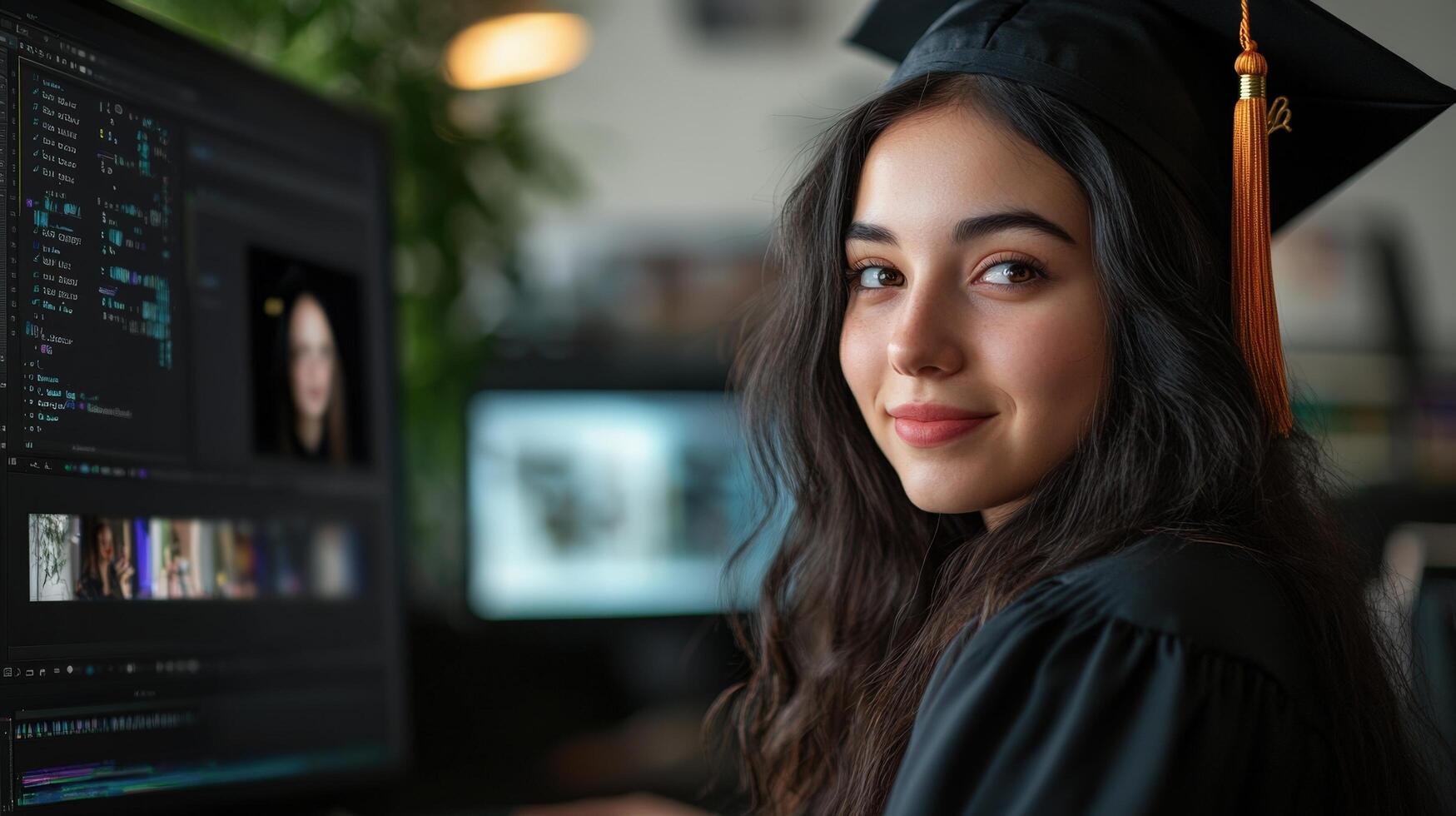 Smiling graduate student in front of a computer. photo