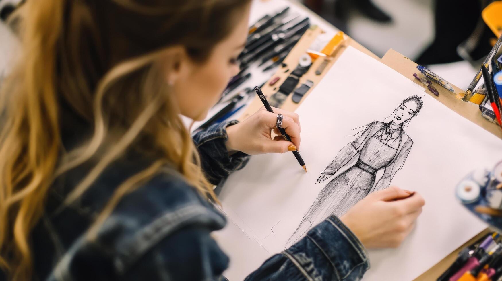 Close-up of a person sketching a fashion design. photo