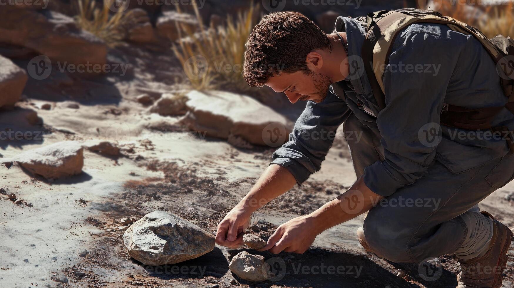 A man carefully examines a stone in a rocky, desert environment. photo