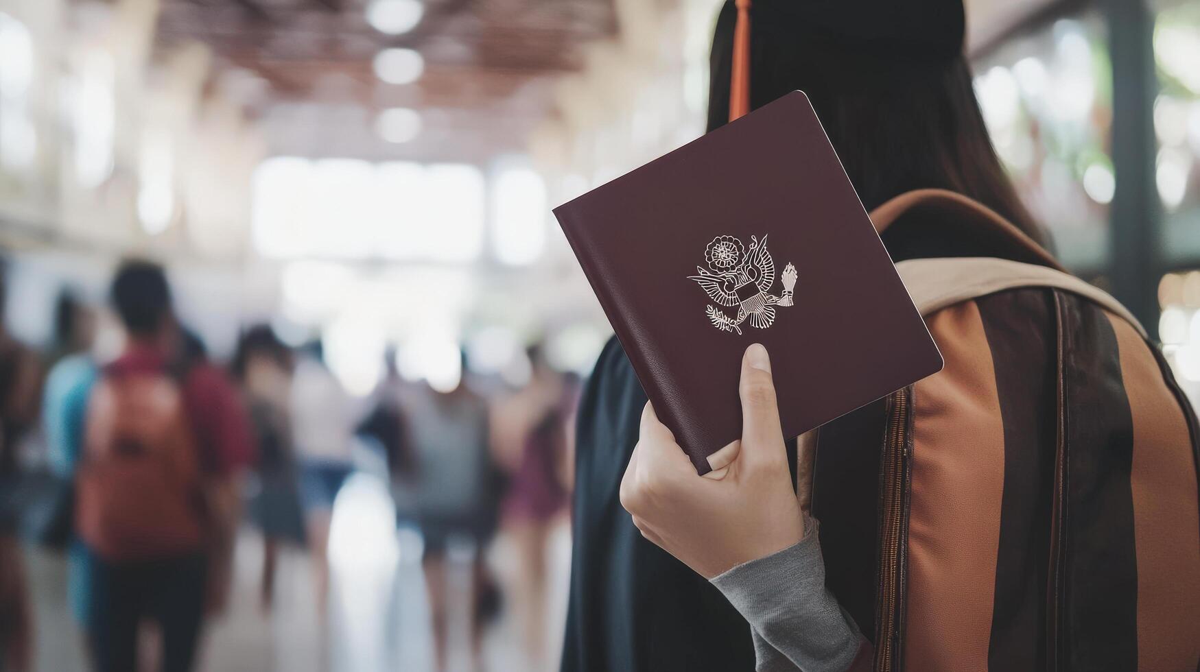 Graduating student holding passport in busy hall. photo