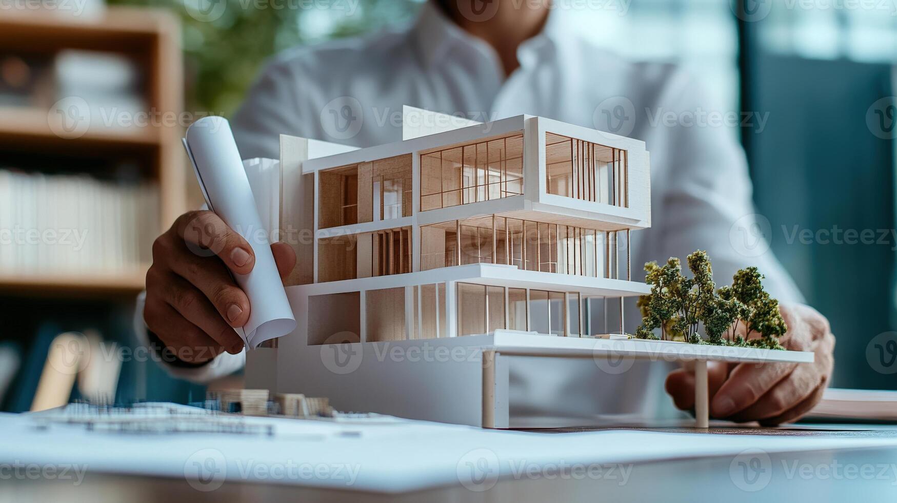 Architectural model displayed by a person in an office setting. photo