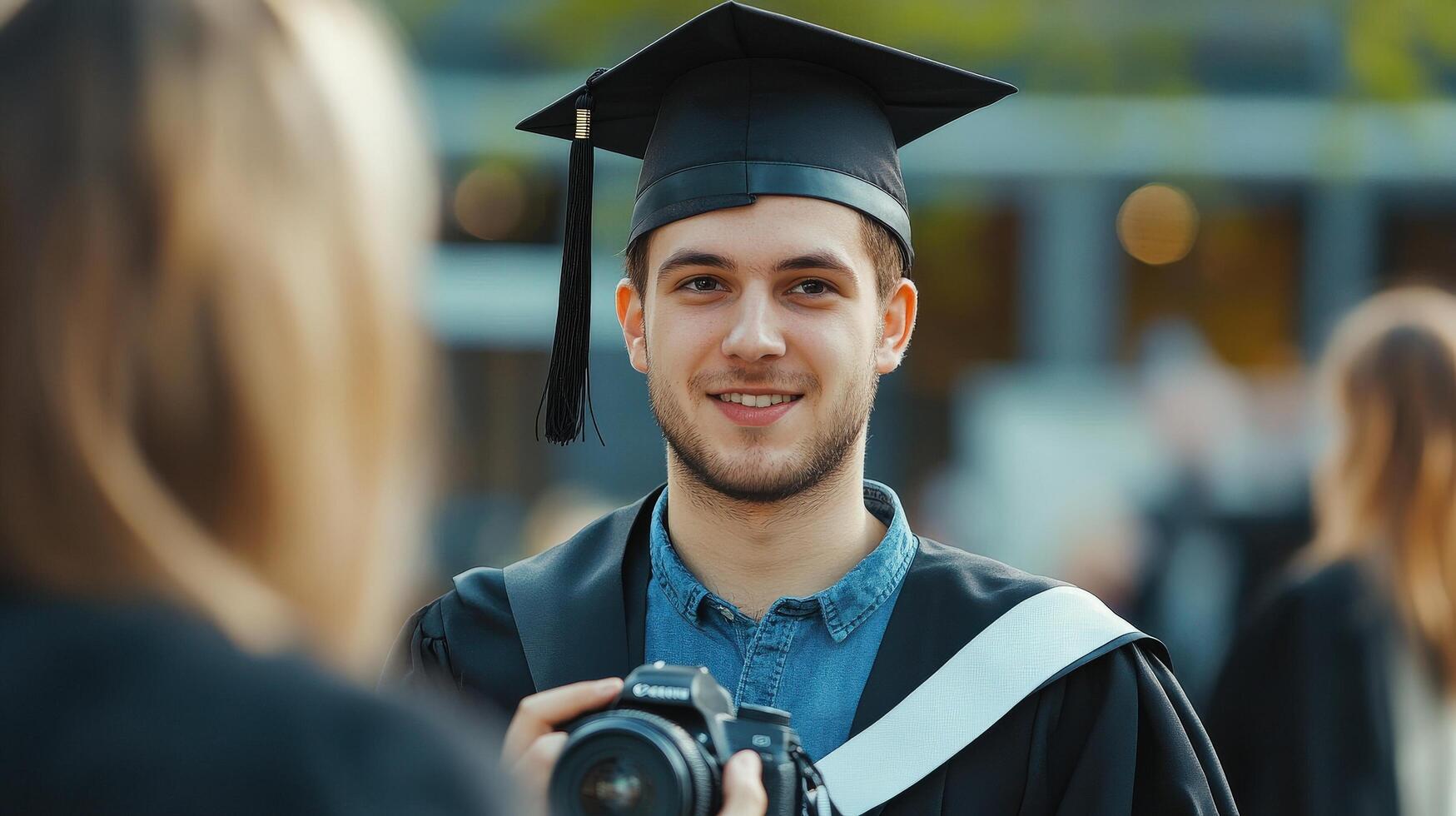 Smiling graduate being photographed at graduation ceremony. photo
