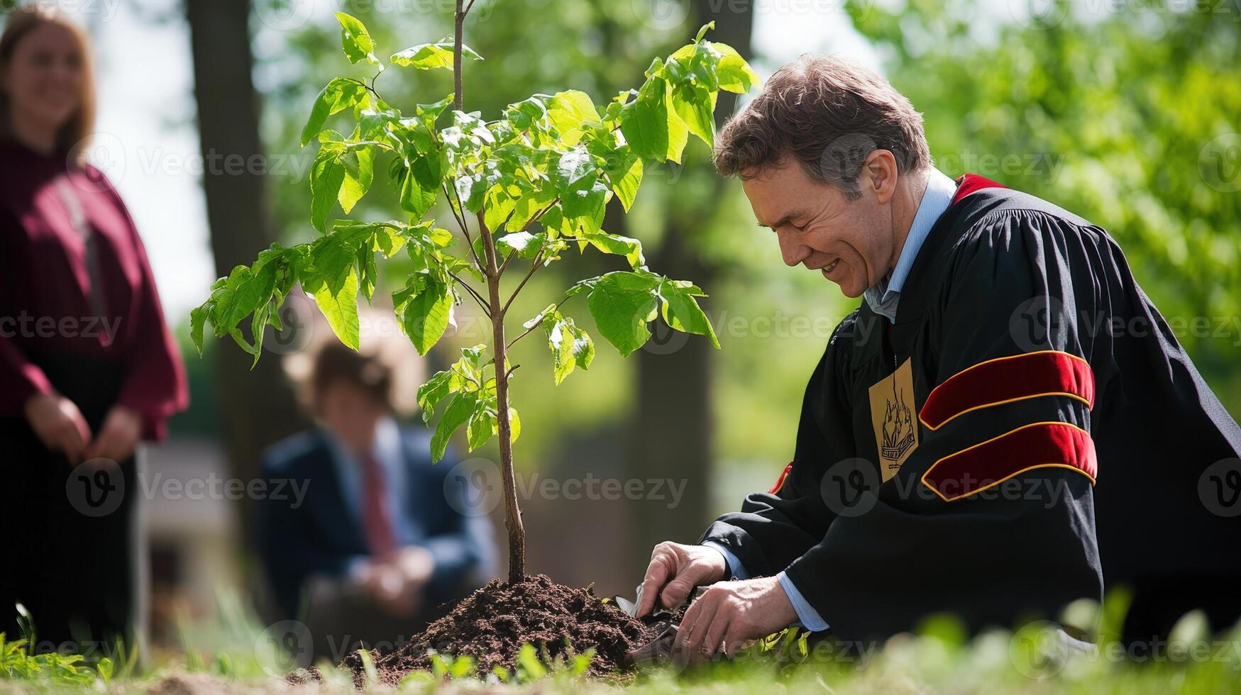 A man in academic regalia plants a young tree outdoors. photo