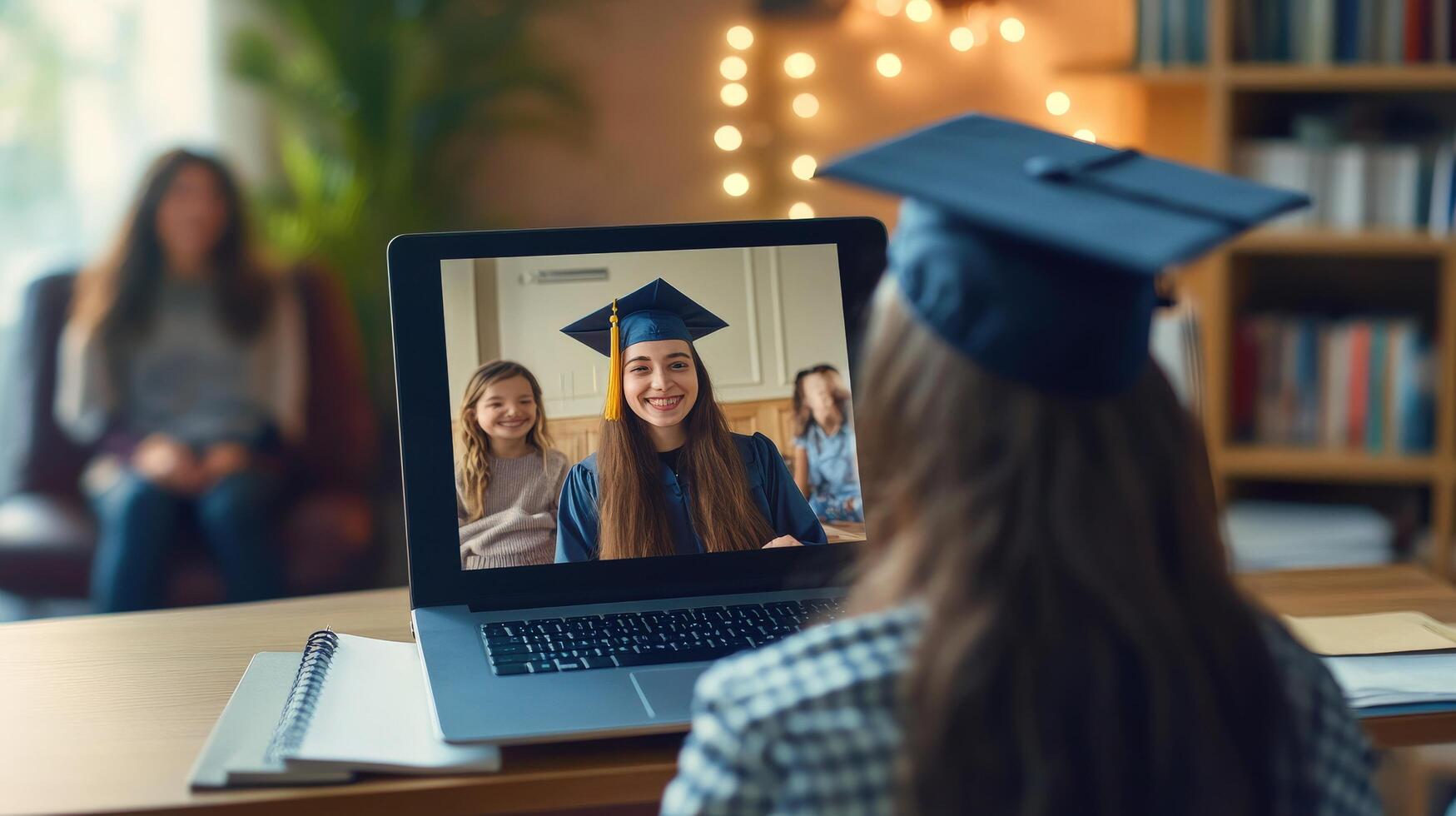Virtual graduation ceremony viewed on a laptop. photo