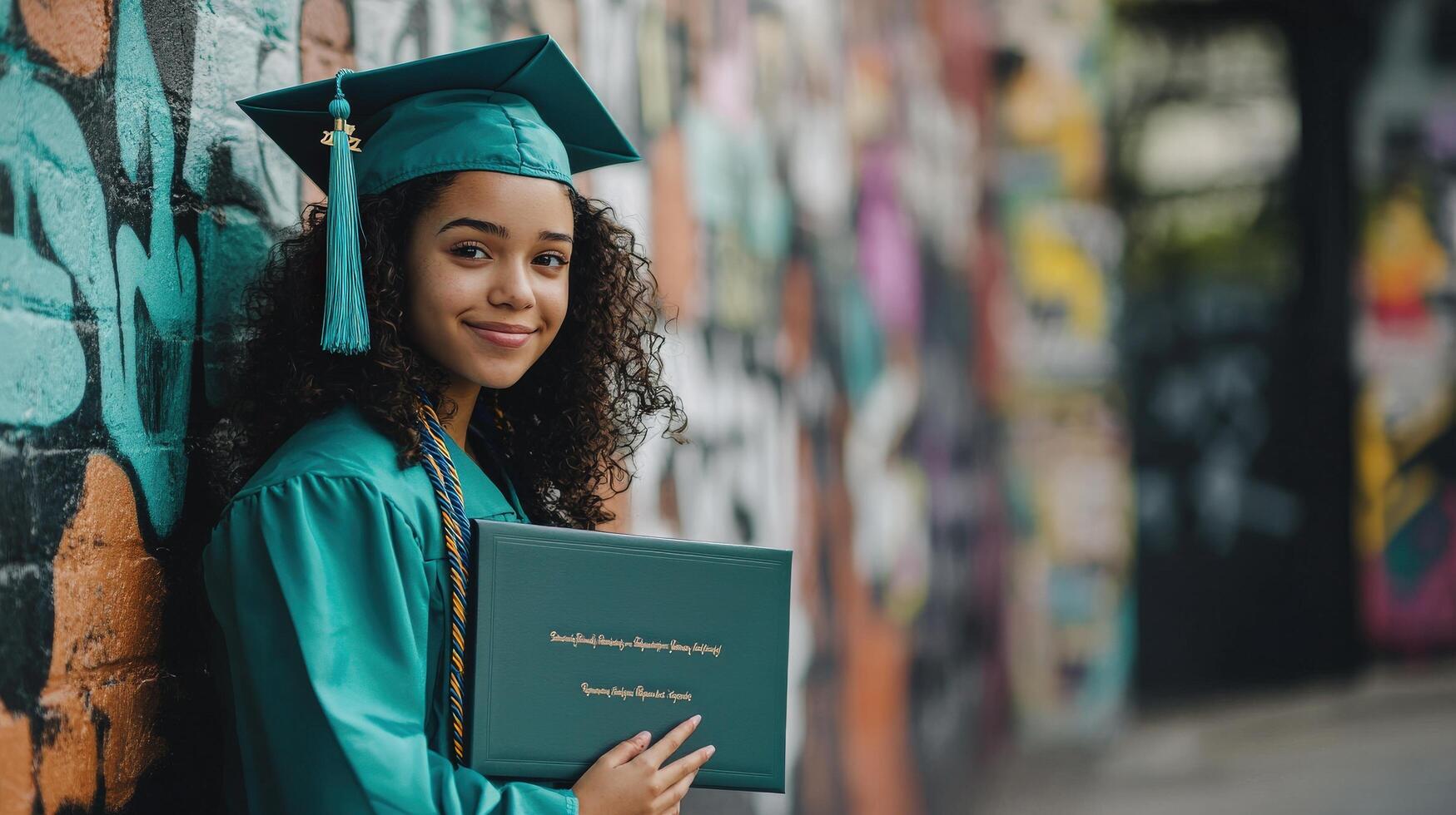 Smiling graduate holds diploma against a graffiti wall. photo